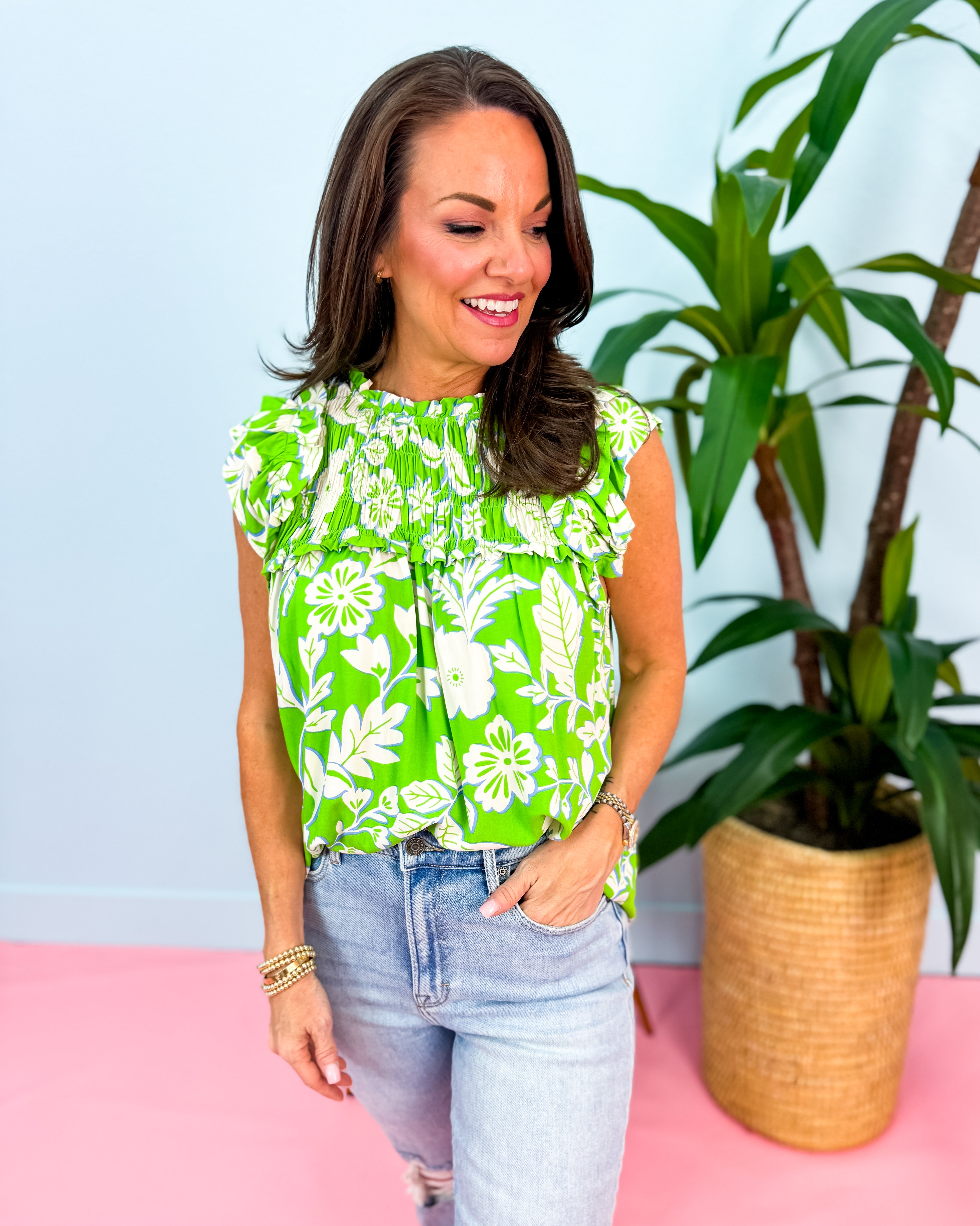 Two Tone Floral Print Smocked Ruffle Shoulder Top with Back Keyhole Button in Green Mix