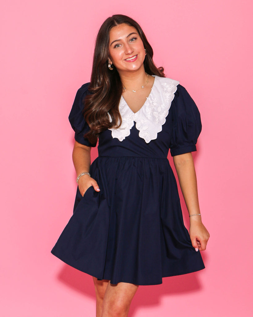 Navy Blue Dress with White Embroidered Collar — Gaudie and Company