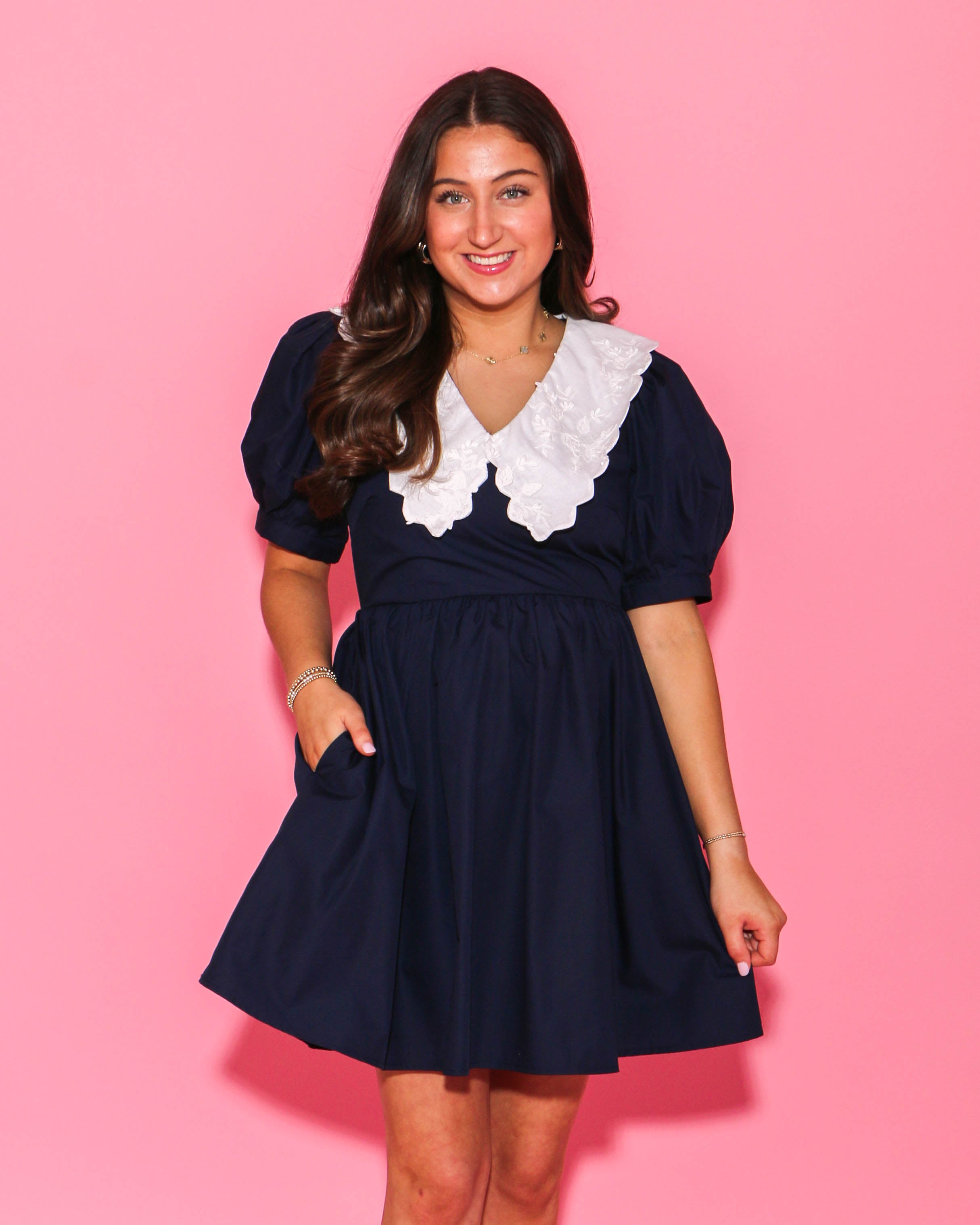 Navy Blue Dress with White Embroidered Collar Gaudie and Company Navy Blue Dress with White Embroidered Collar Gaudie and Company