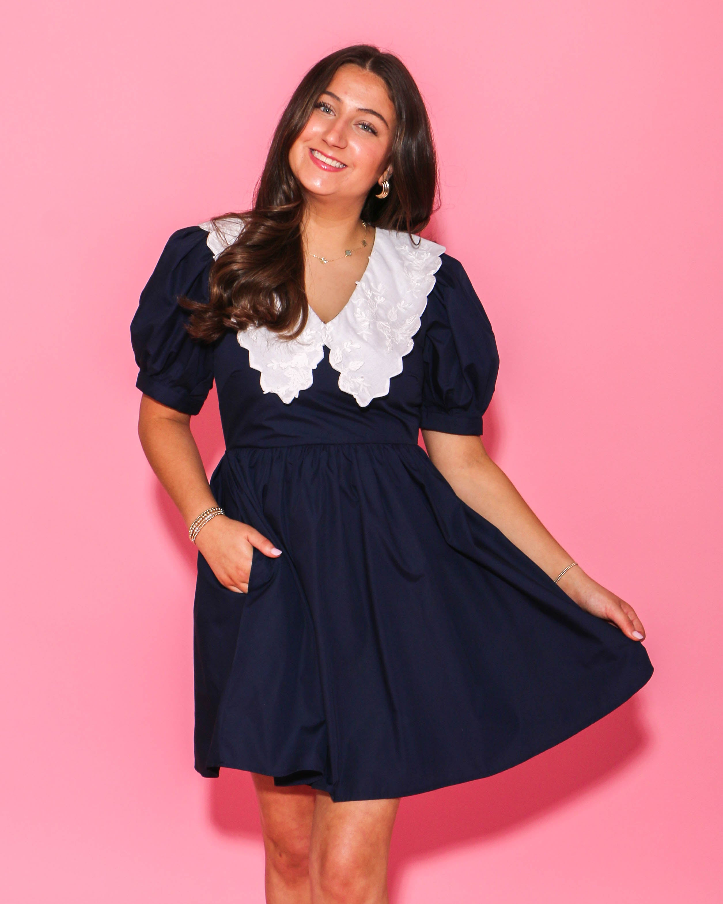 Navy Blue Dress with White Embroidered Collar Gaudie and Company Navy Blue Dress with White Embroidered Collar Gaudie and Company