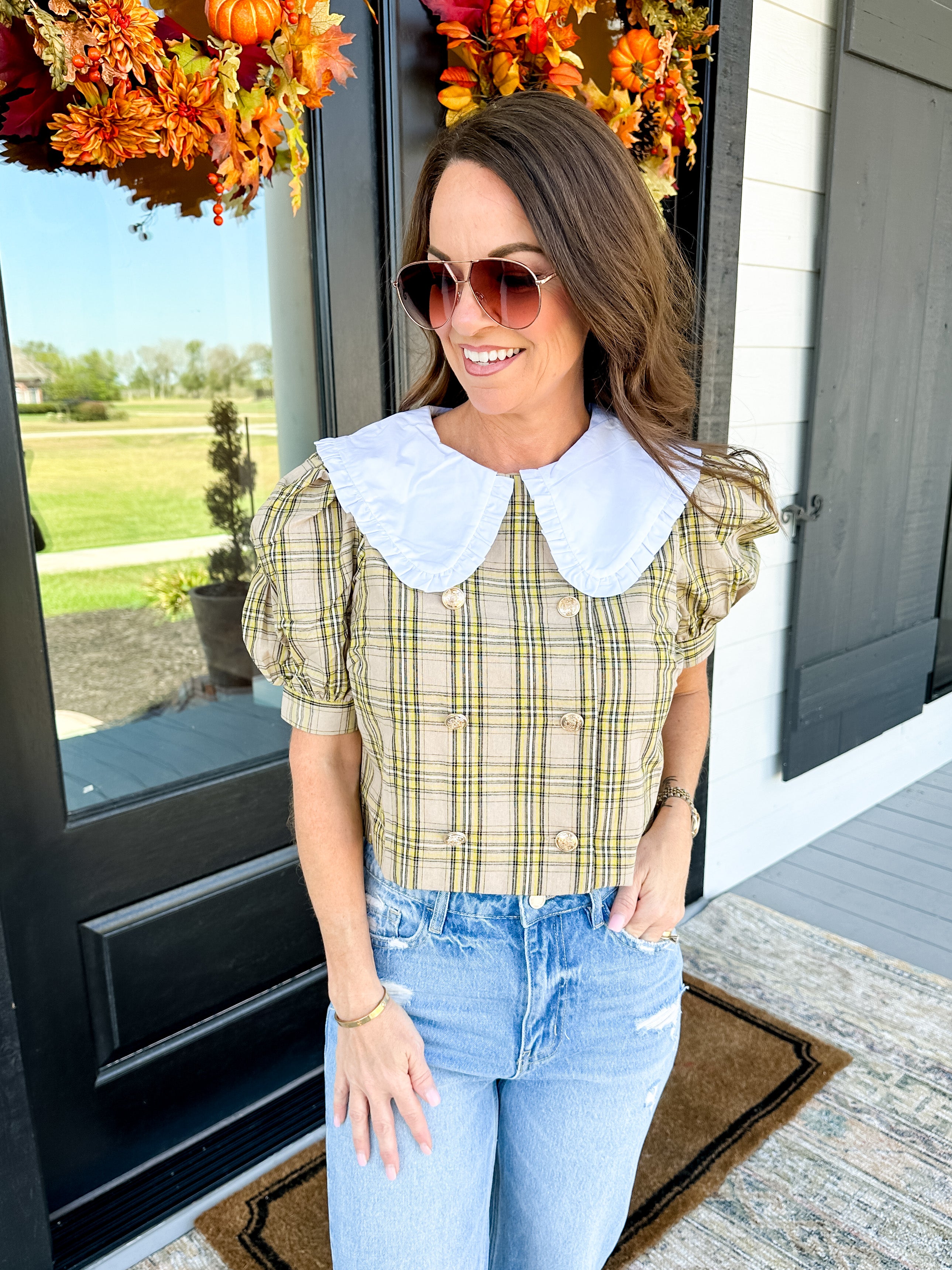 Oversized Collar Check Top