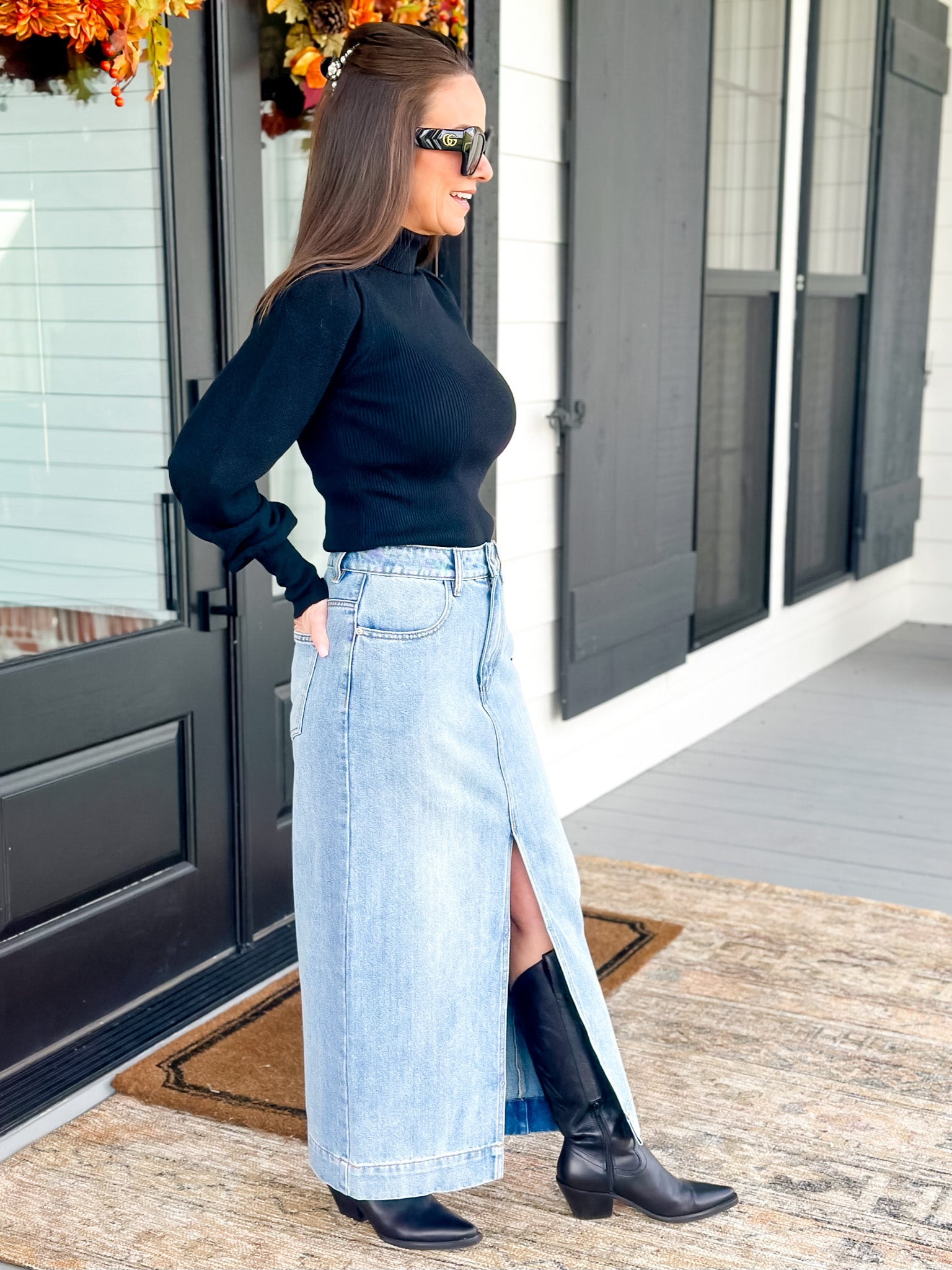 Midi Denim Skirt with Cut Out