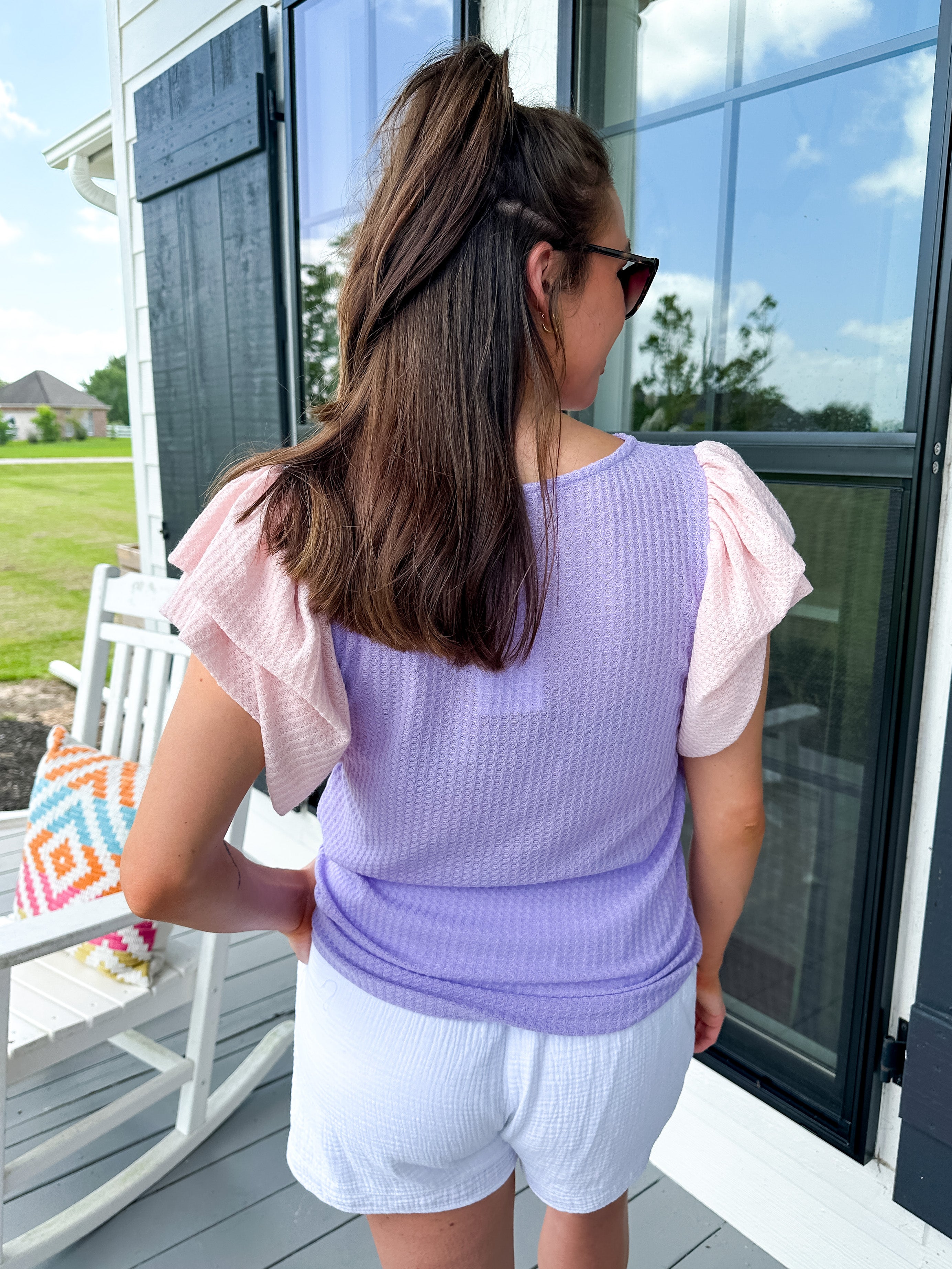 Pink/Lilac Waffle Color Block Top