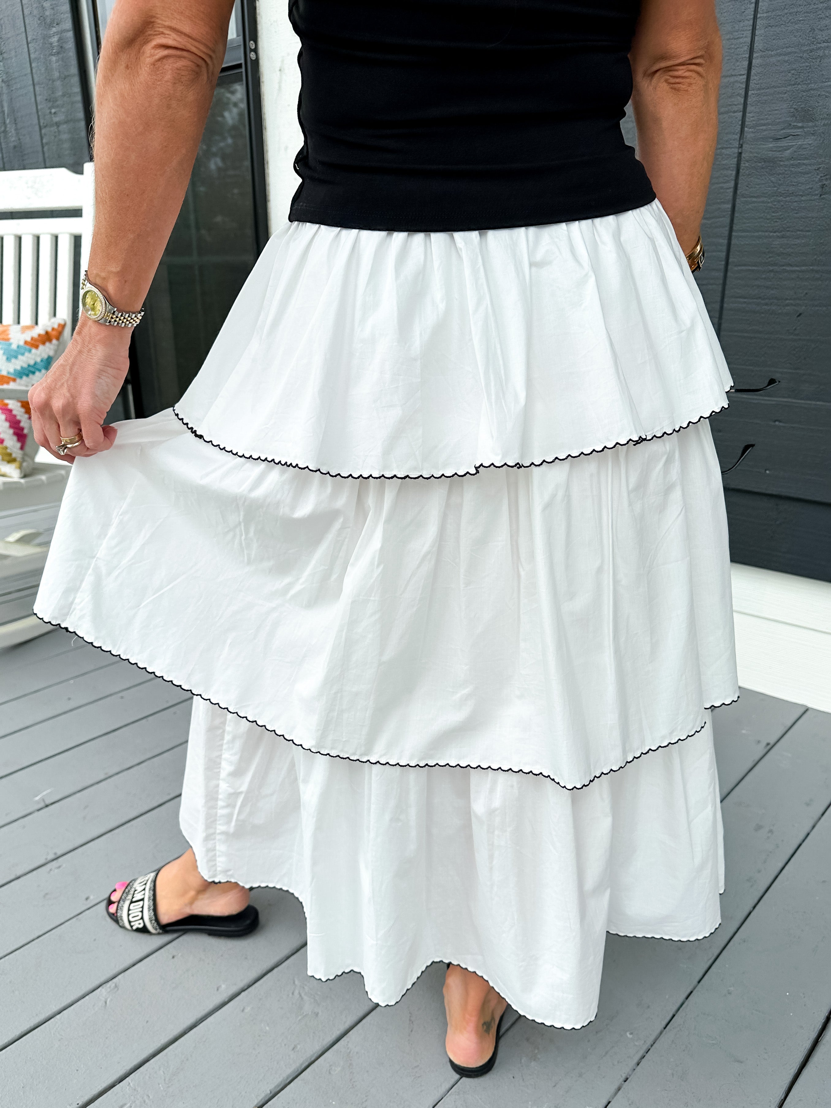 Picot Stitched Tiered Maxi Skirt