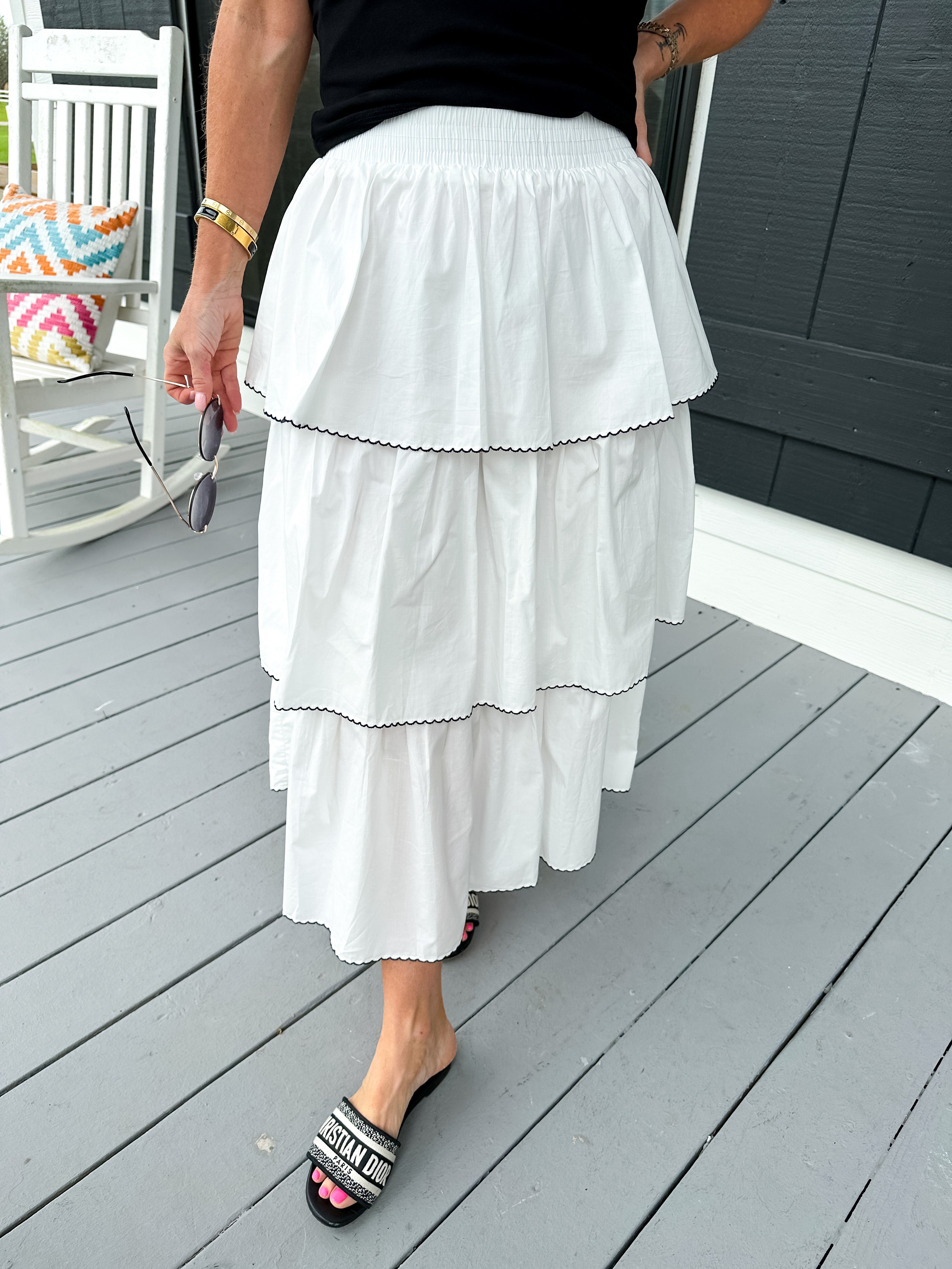 Picot Stitched Tiered Maxi Skirt