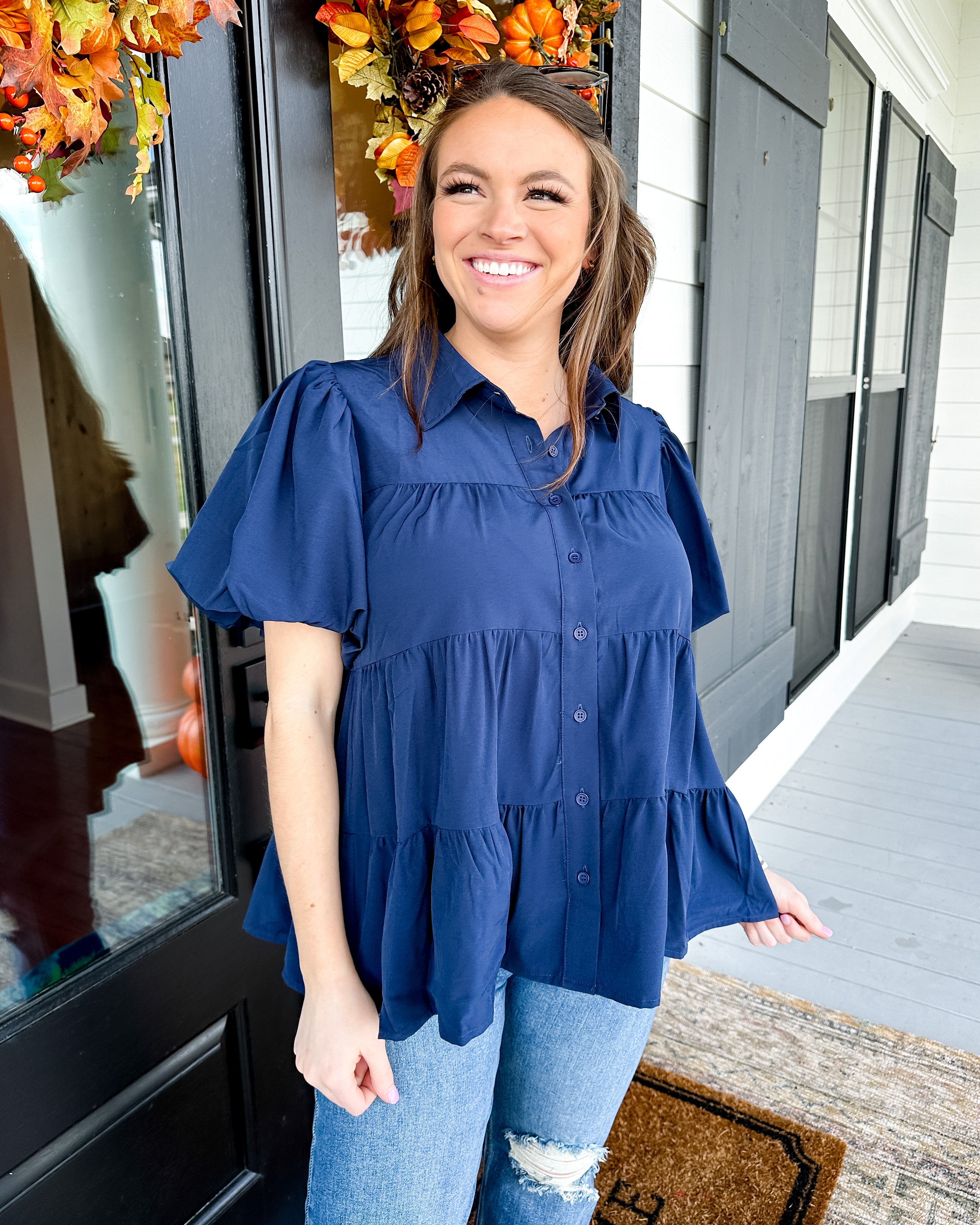 Collared Button Up Top in Navy