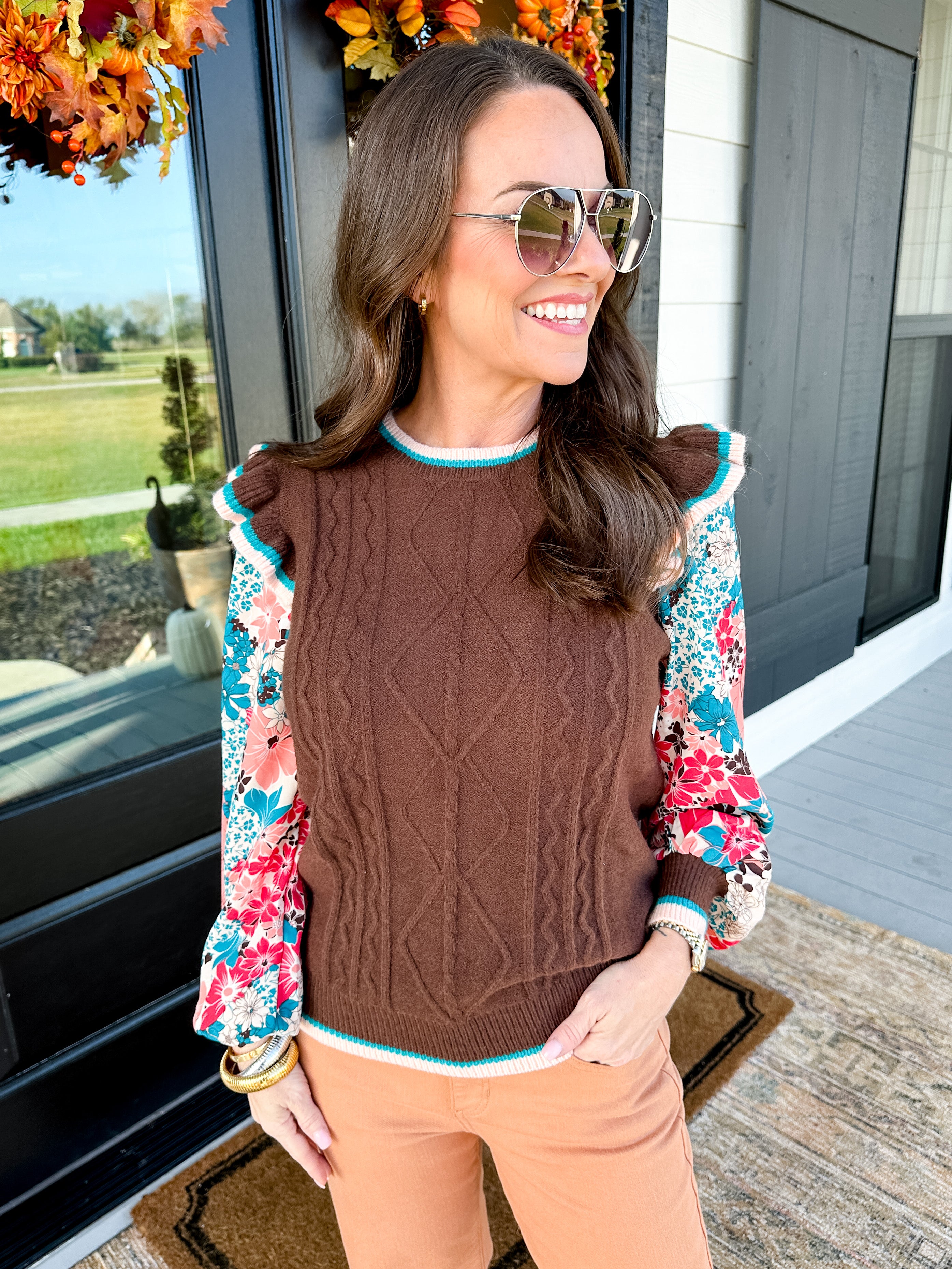 Cable Knit Sweater Top with Floral Sleeves