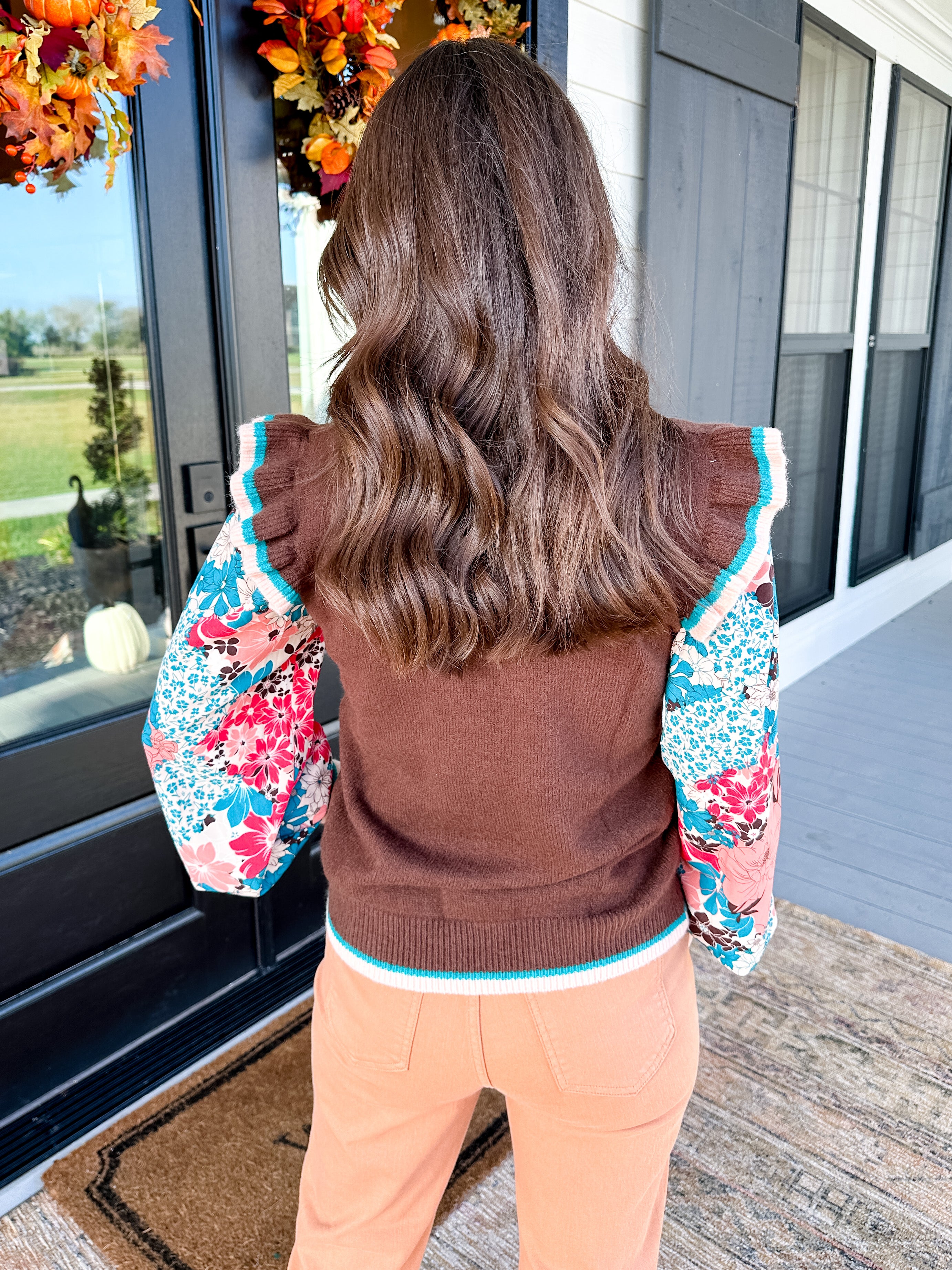 Cable Knit Sweater Top with Floral Sleeves