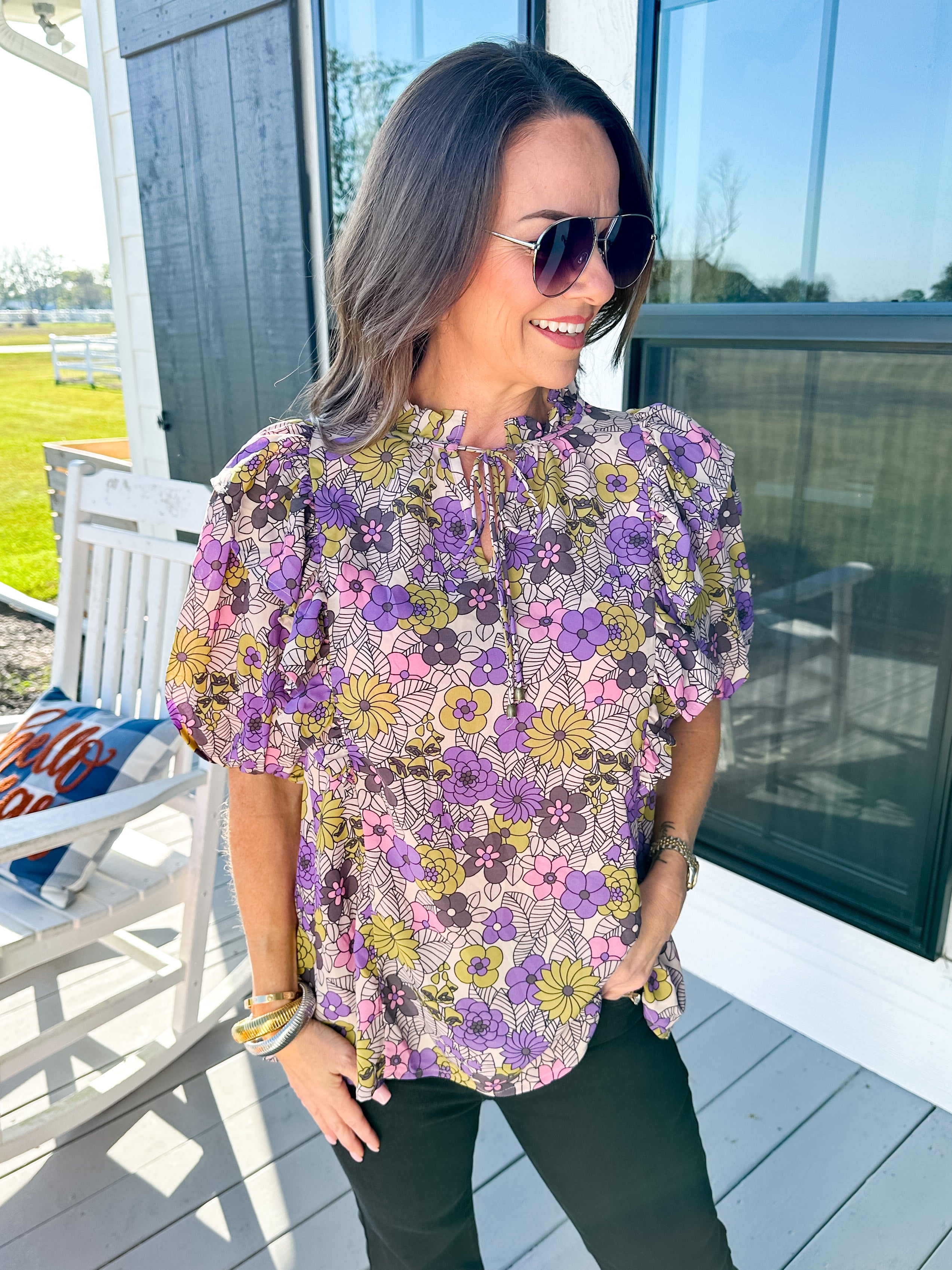 Floral Print V-Neck Top in Purple Moss