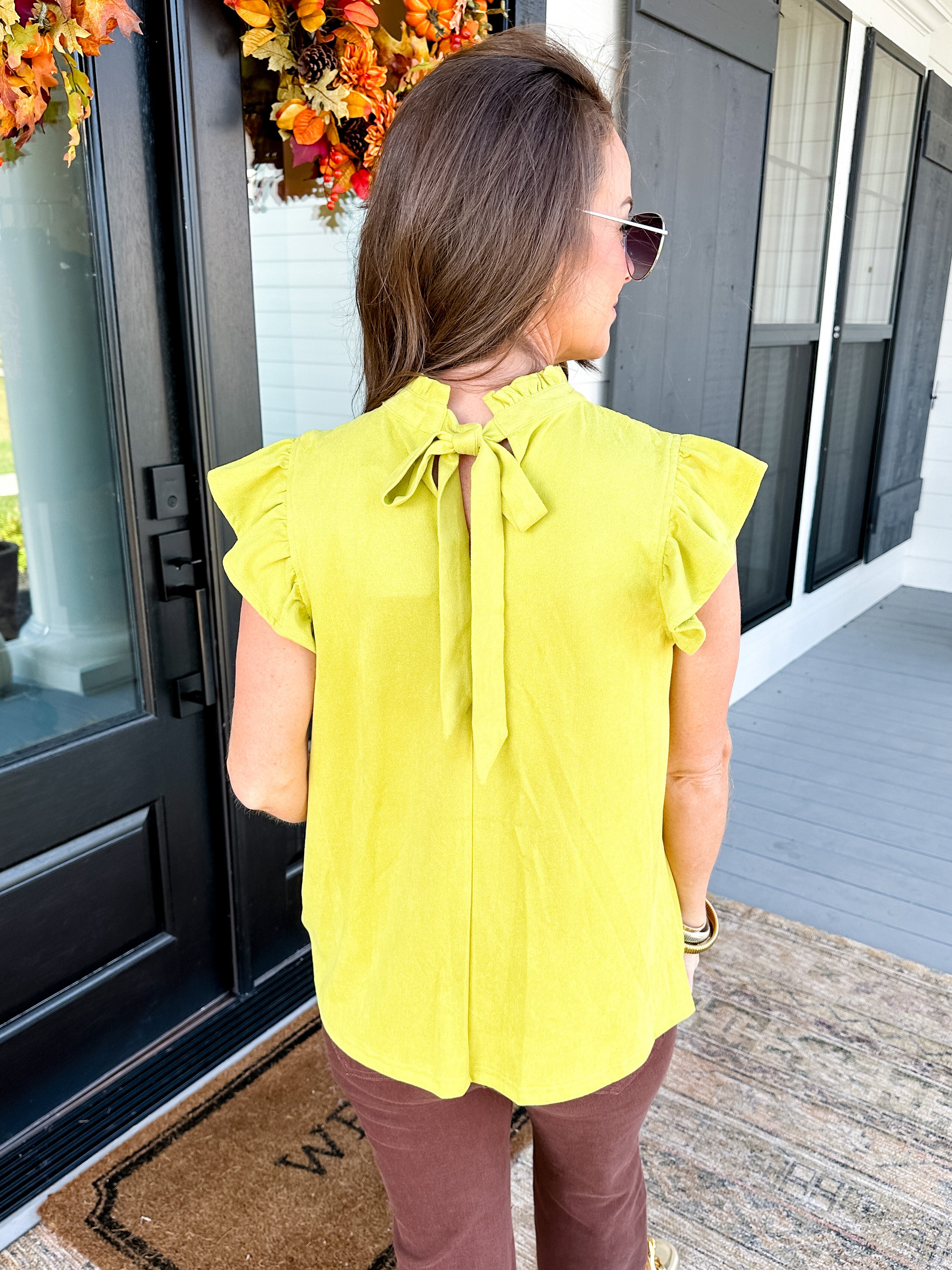 Suede Ruffle Sleeve Top in Lime Green