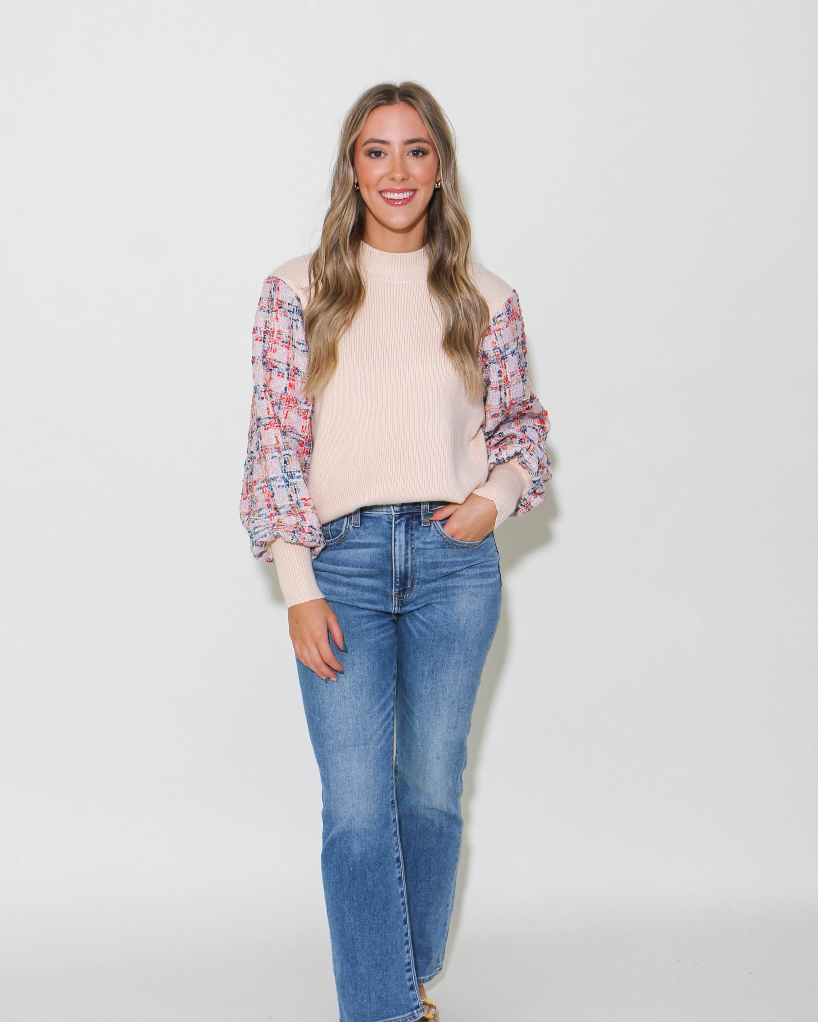 THML | Mixed Media Knit Sweater in Cream