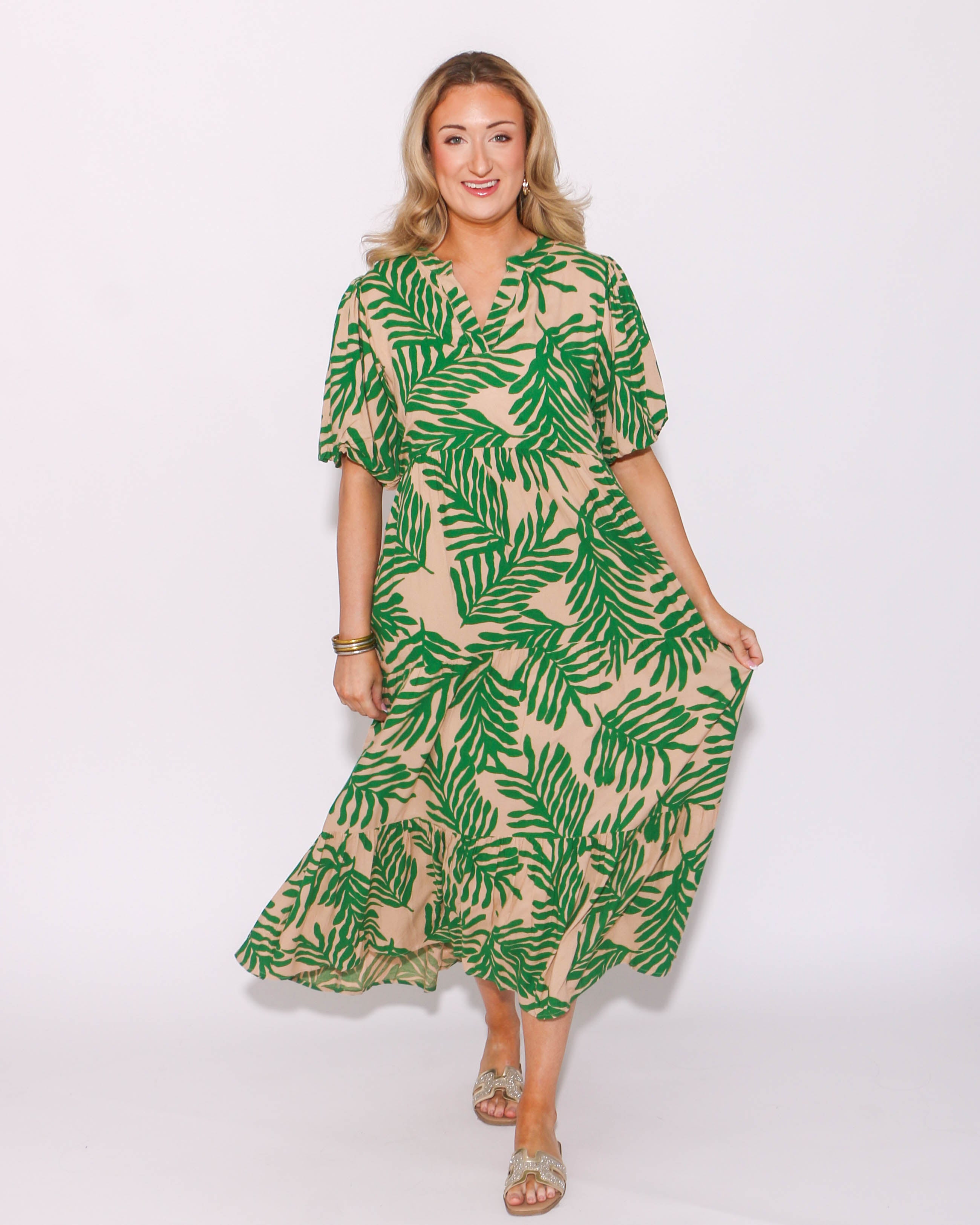 THML Puff Sleeve Tiered Print Maxi Dress