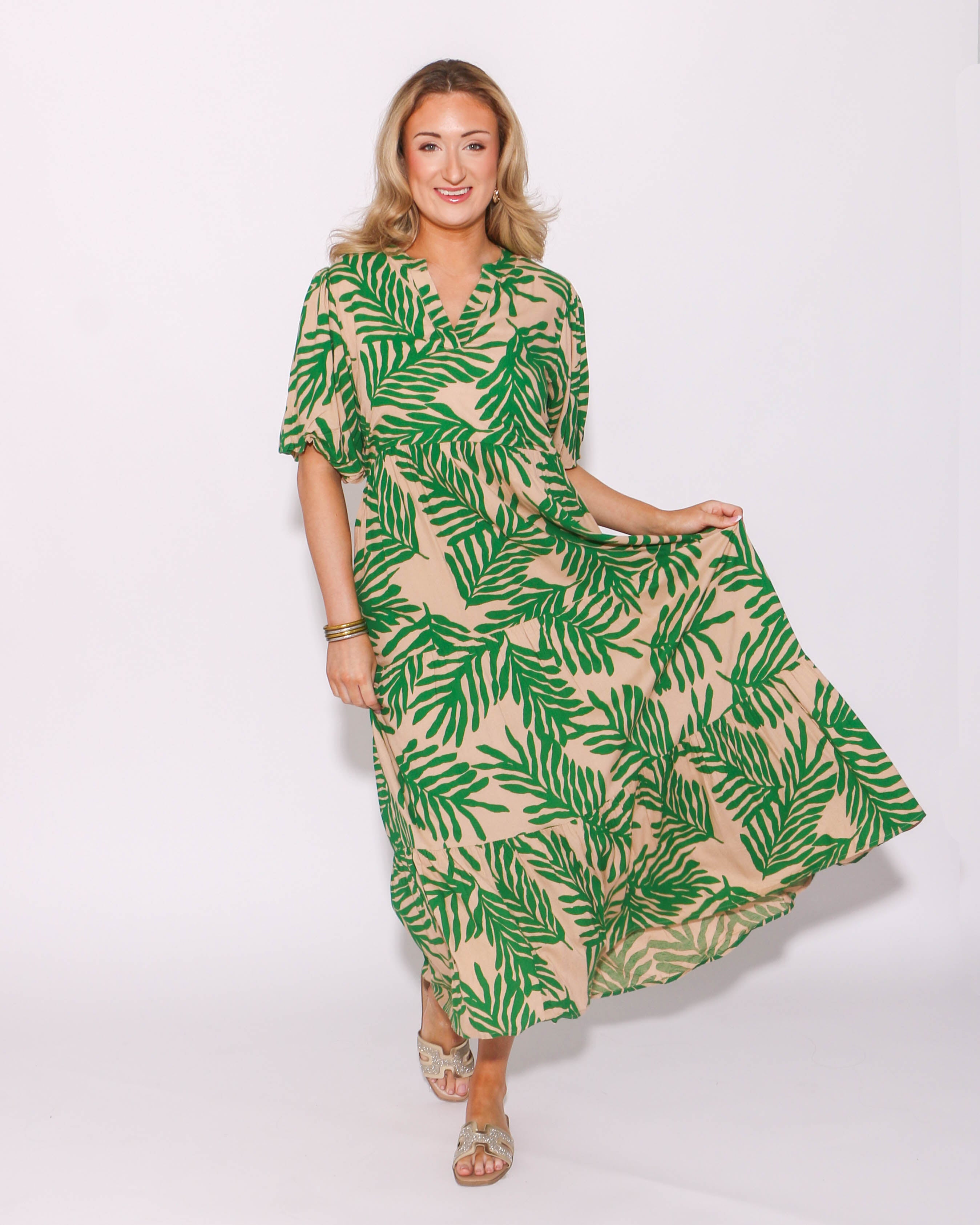 THML Puff Sleeve Tiered Print Maxi Dress