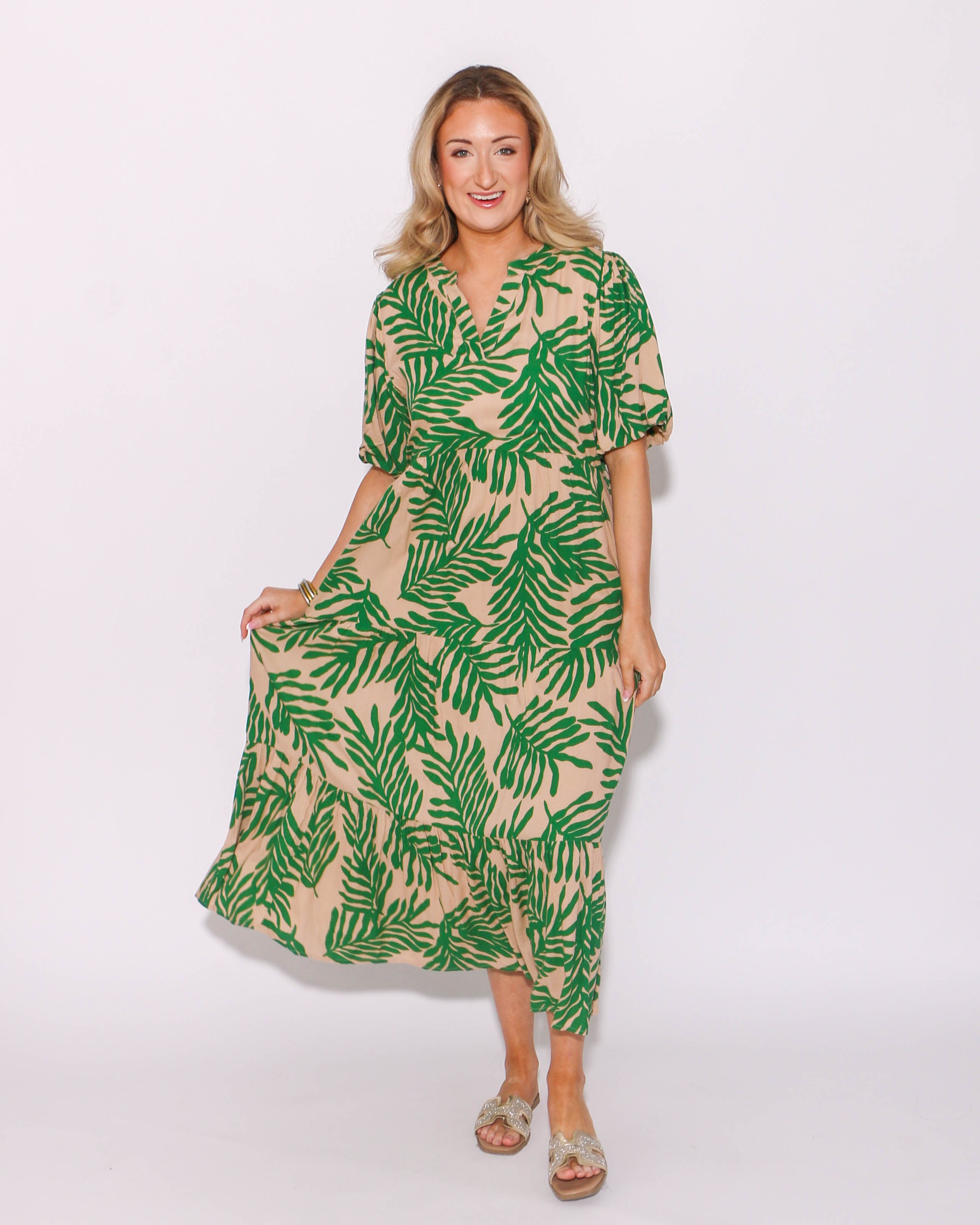 THML Puff Sleeve Tiered Print Maxi Dress
