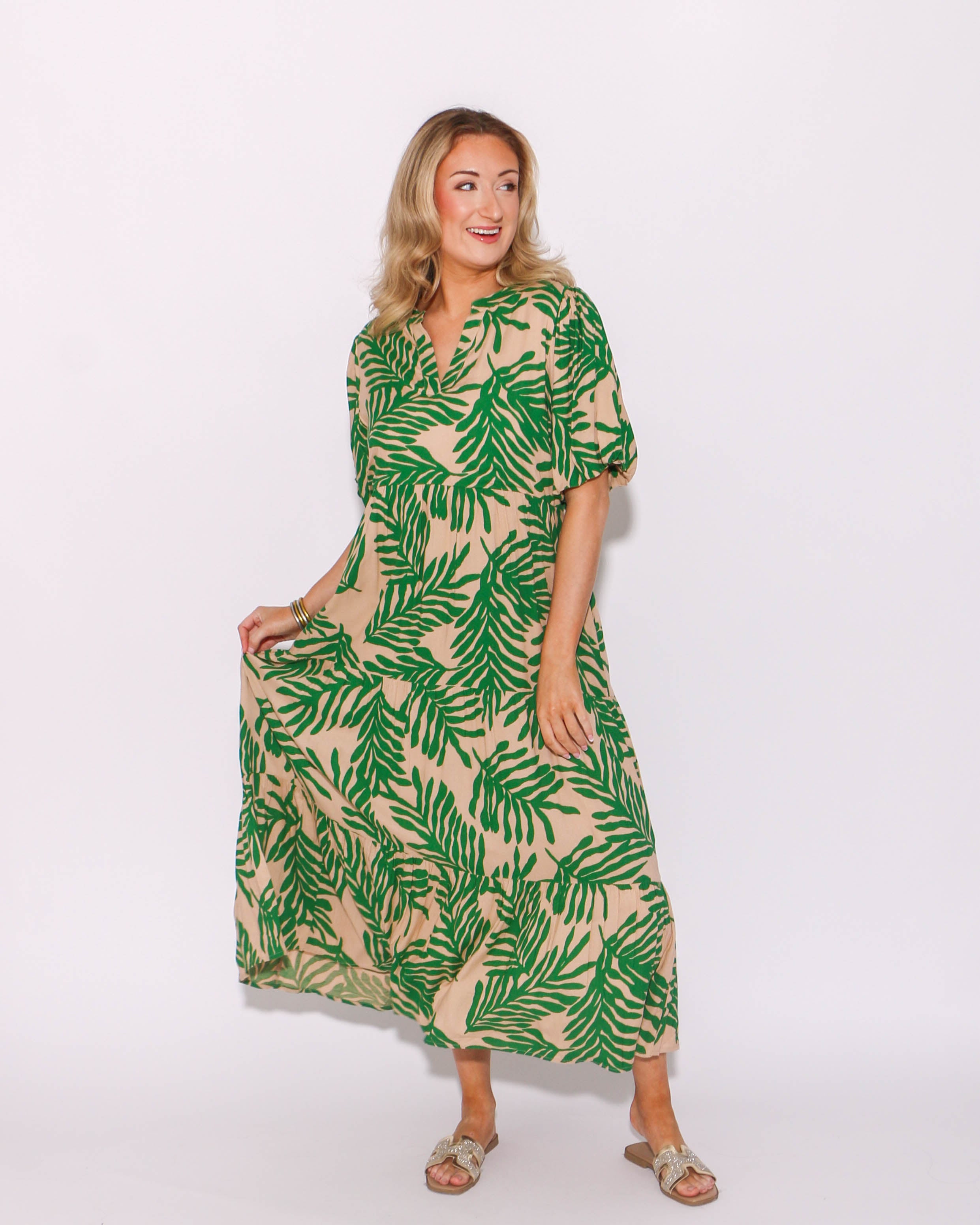 THML Puff Sleeve Tiered Print Maxi Dress