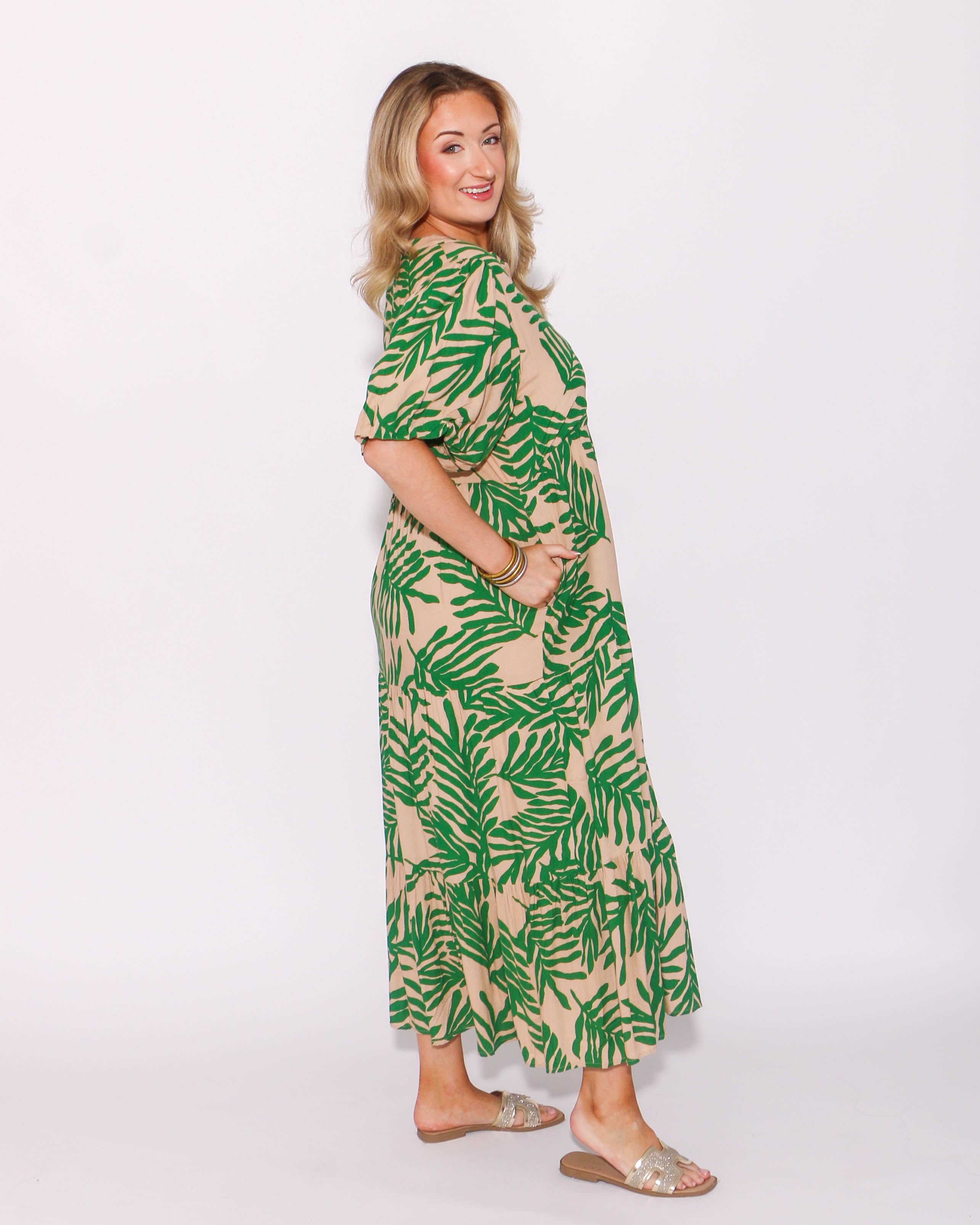 THML Puff Sleeve Tiered Print Maxi Dress