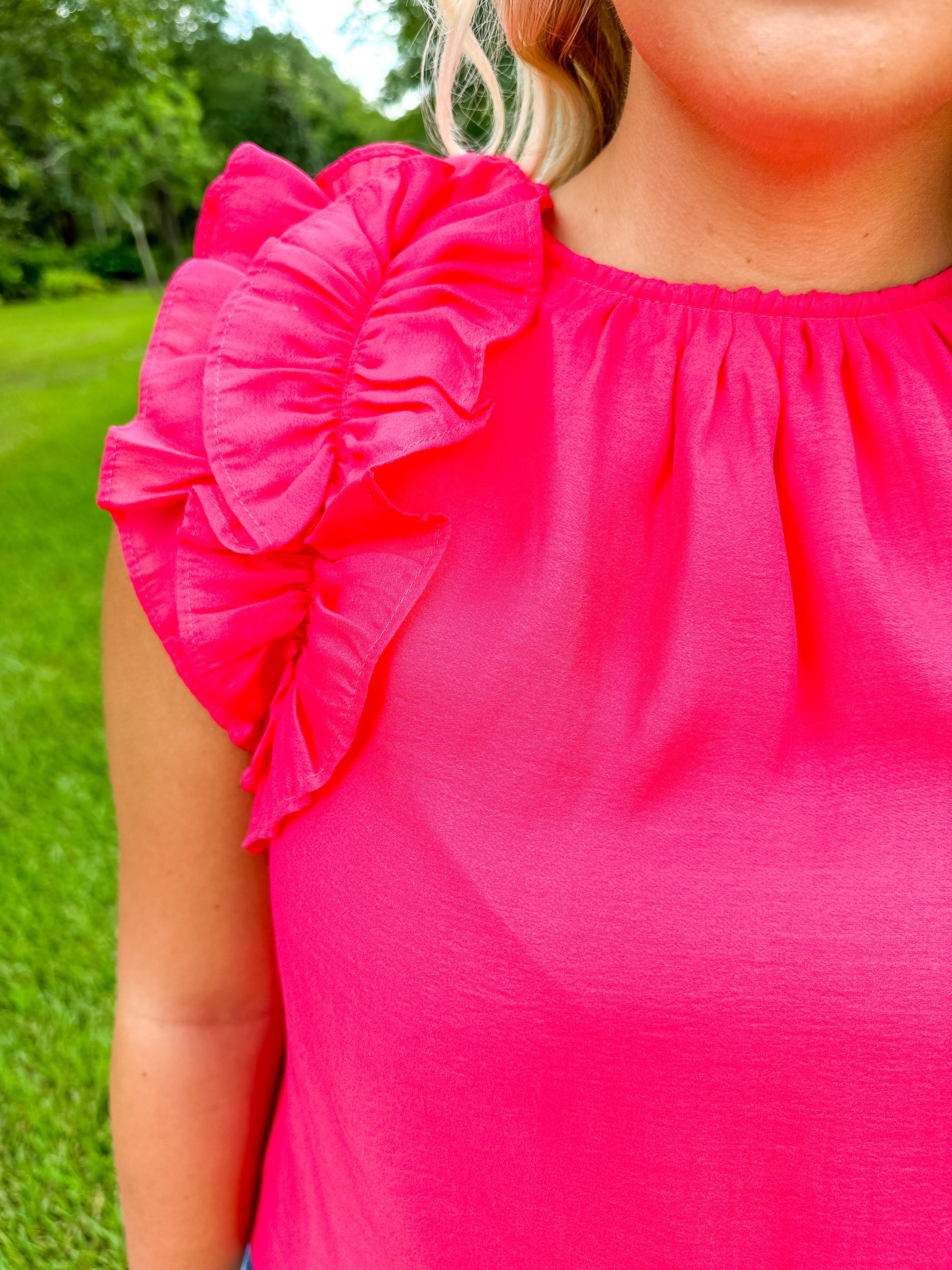 Round Neck Ruffle Sleeve Top in Watermelon