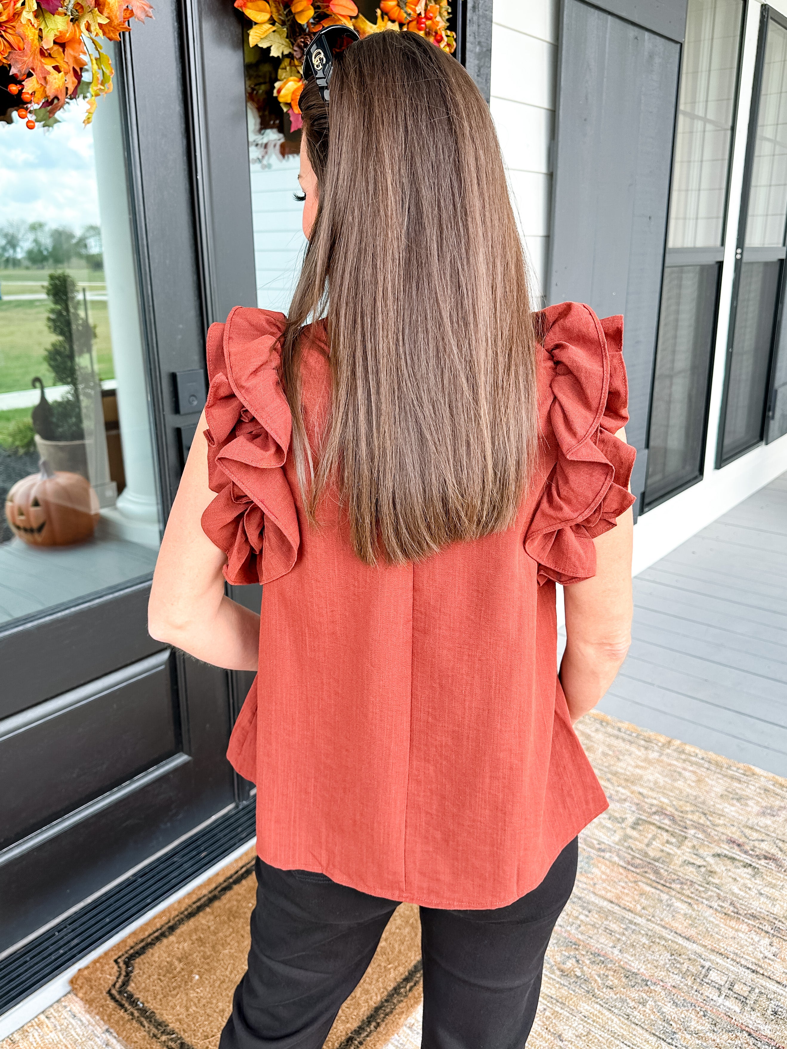 Solid Sleeveless Ruffled Top in Brown
