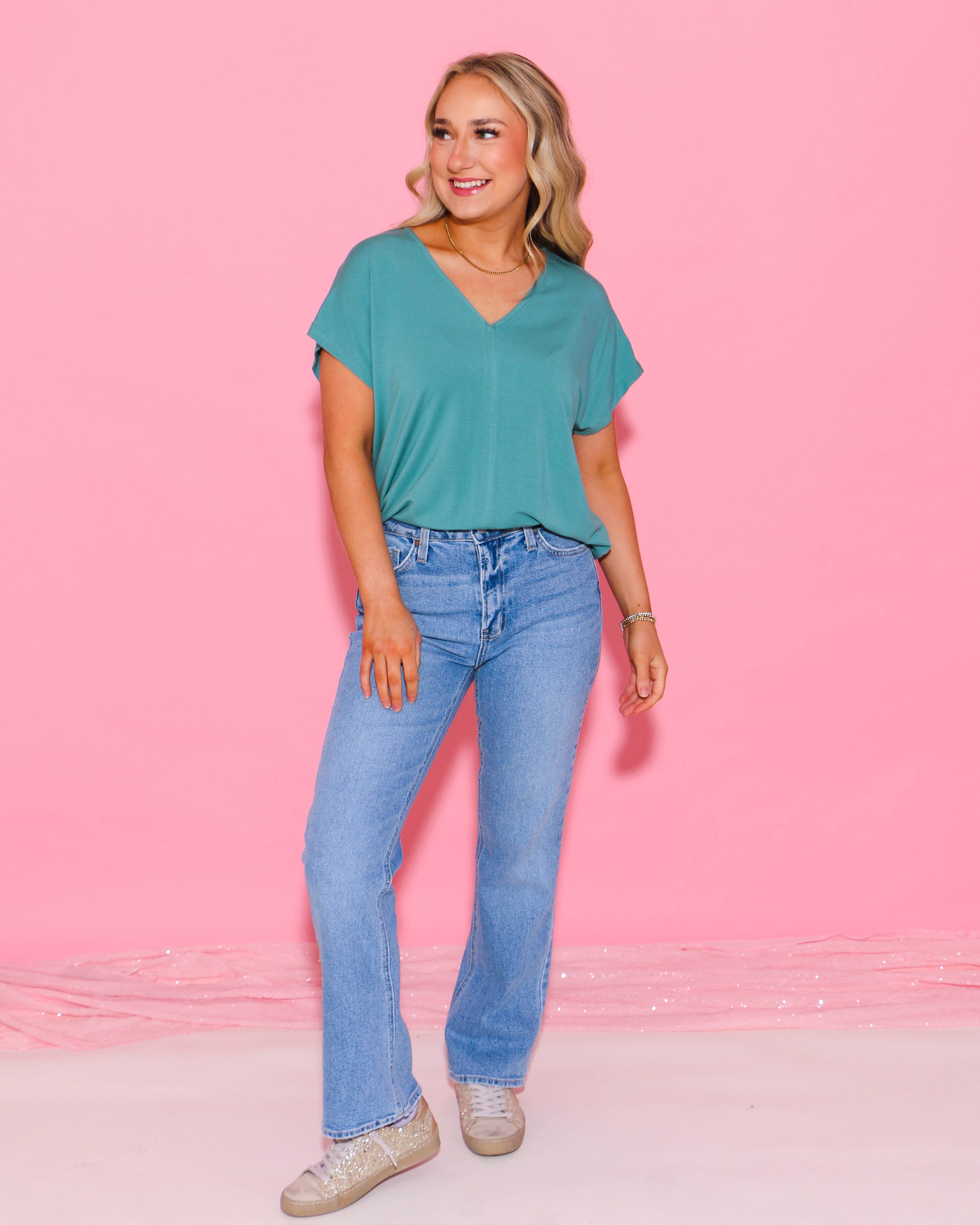 Green Buttery Soft Solid V-neck Top