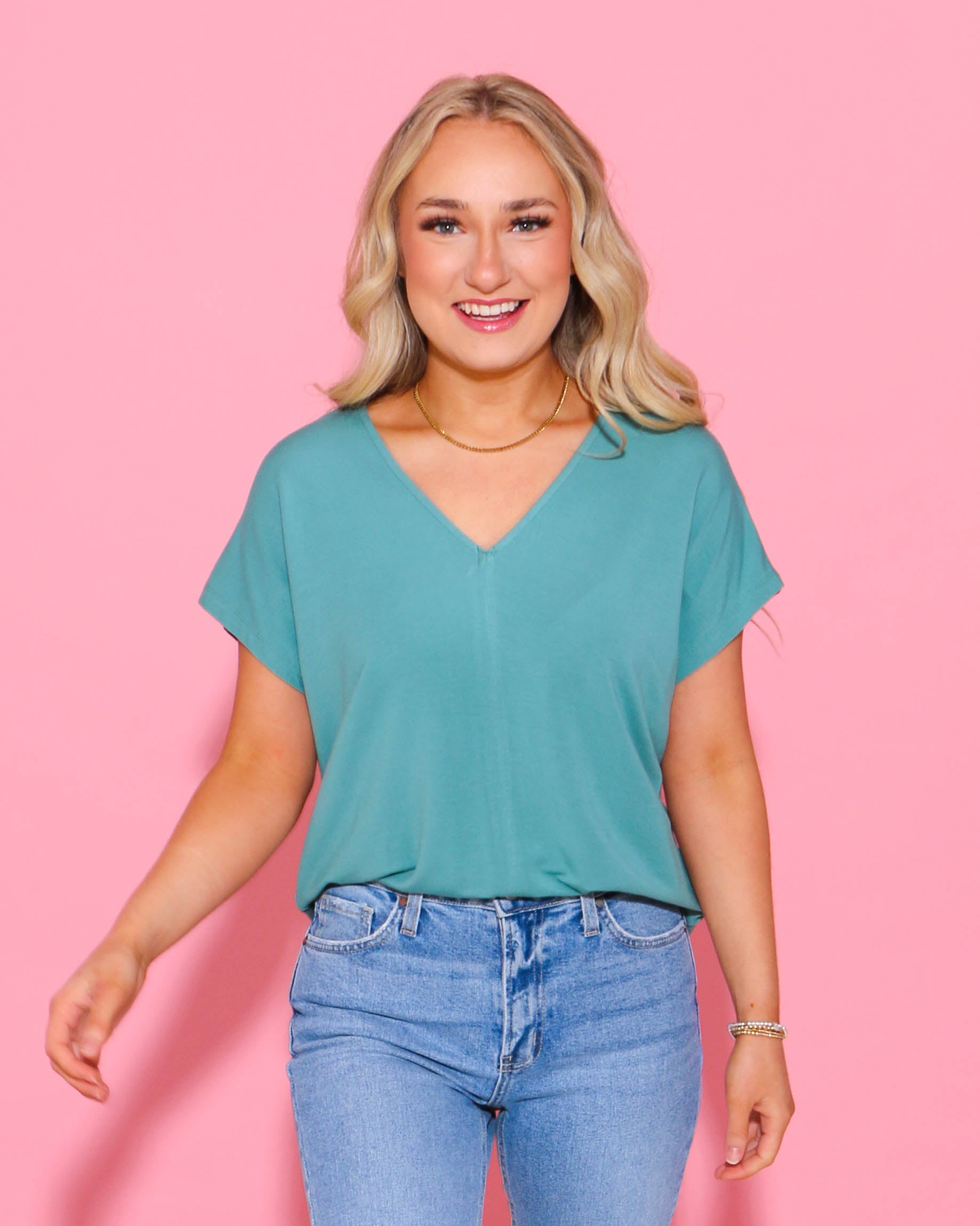 Green Buttery Soft Solid V-neck Top