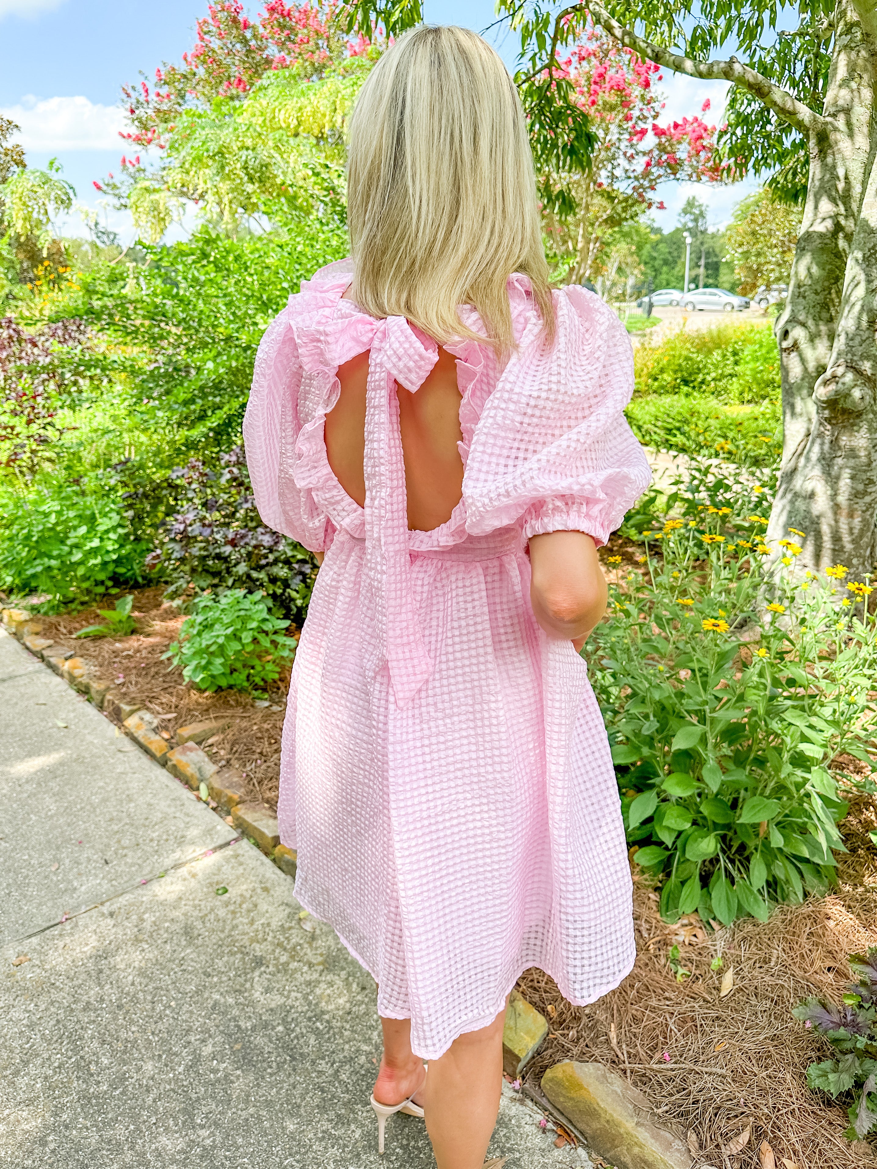Textured Pink Ruffle V-Neck Dress