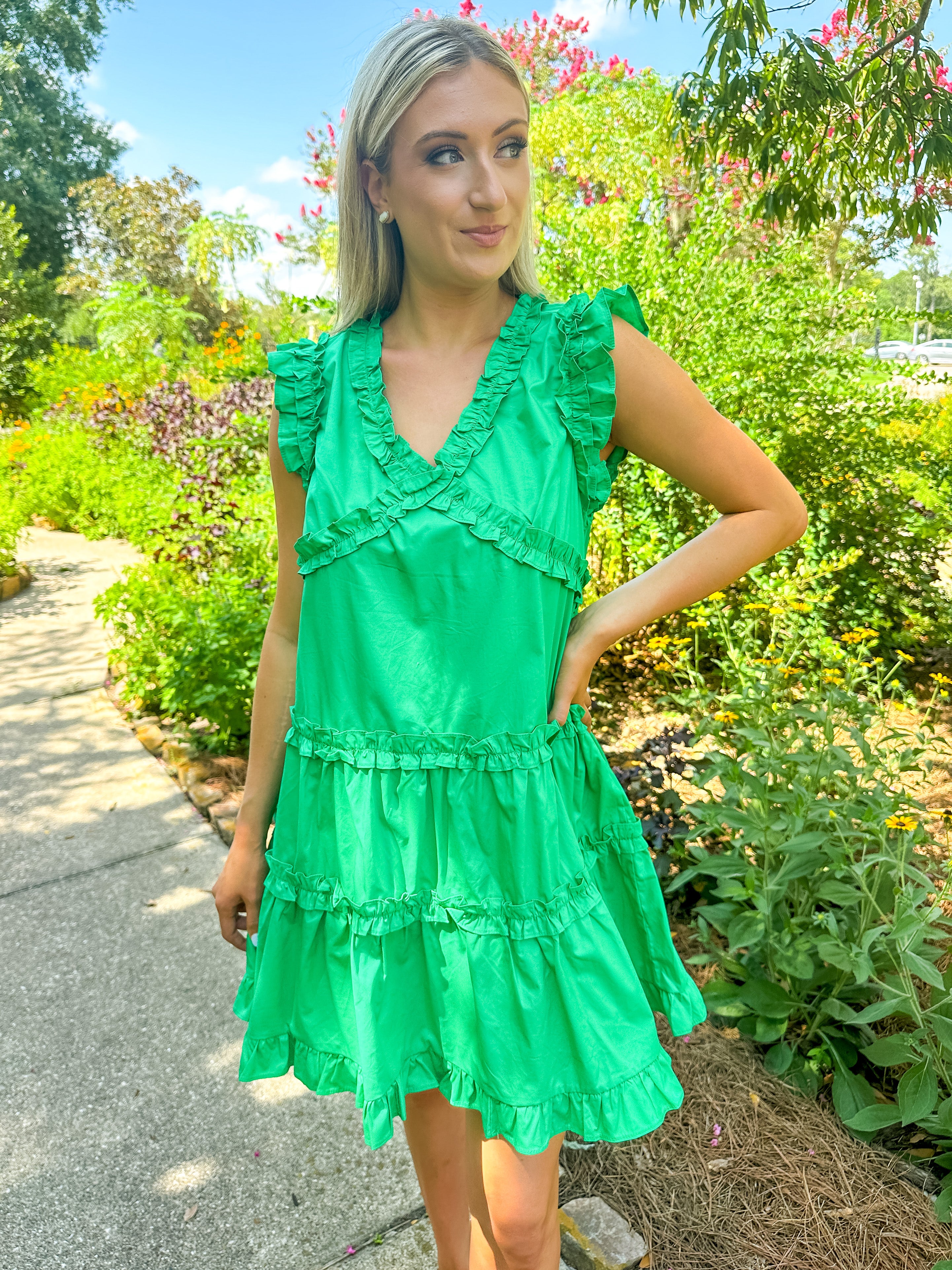 Green Poplin Ruffle Mini Dress