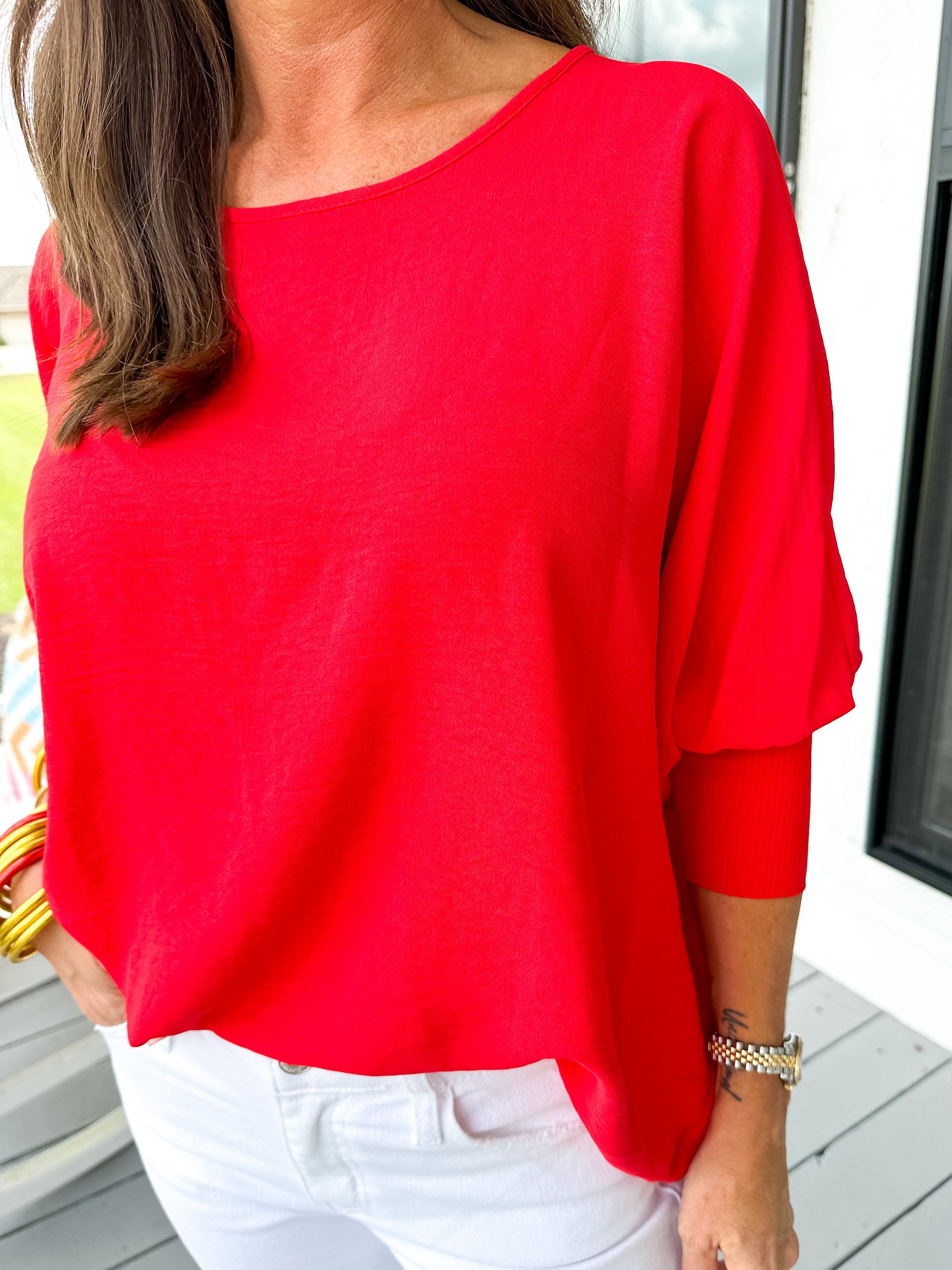 Dolman Sleeve Ribbed Top in Red