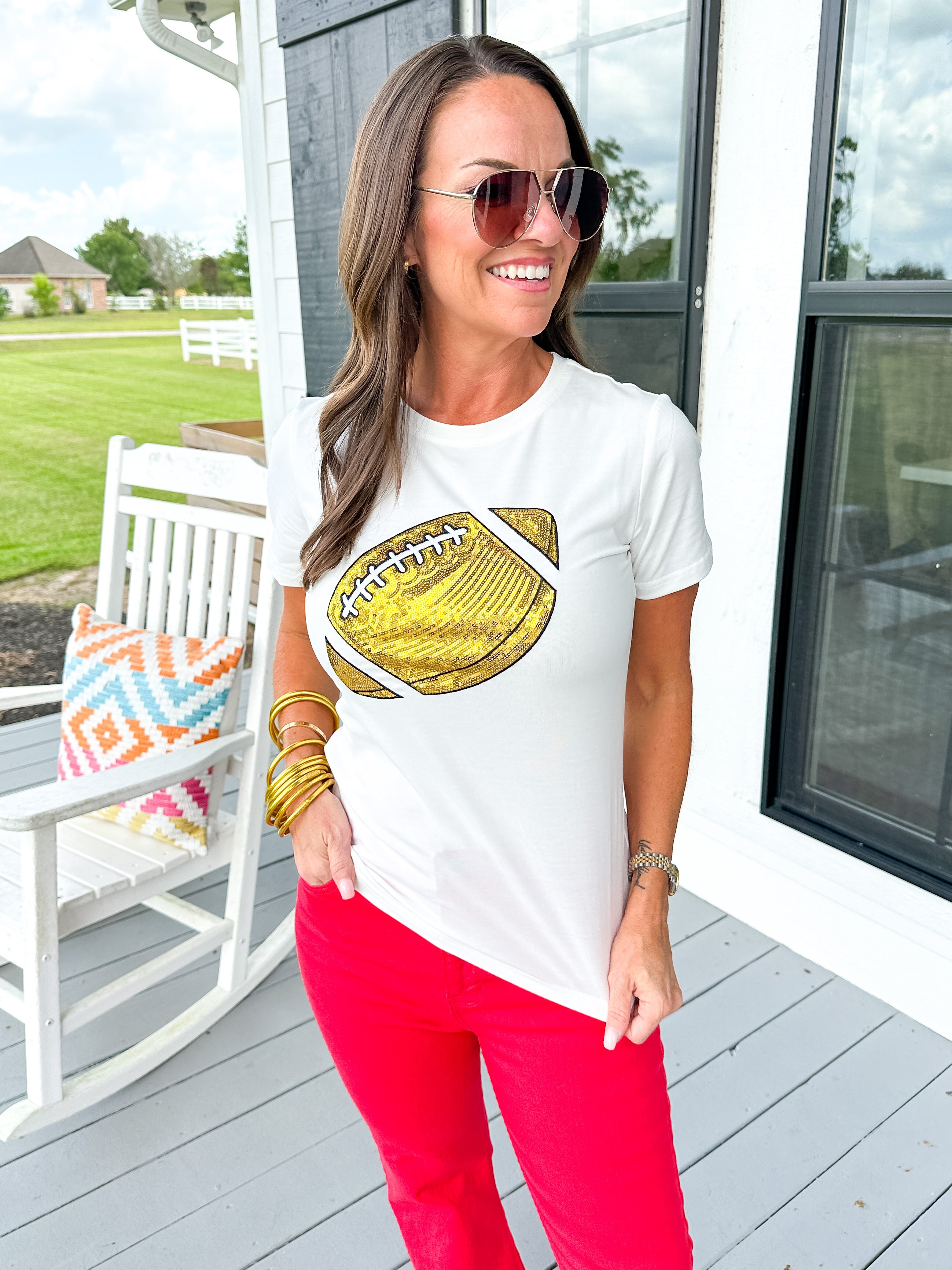 Gold Sequin Football Tee in White