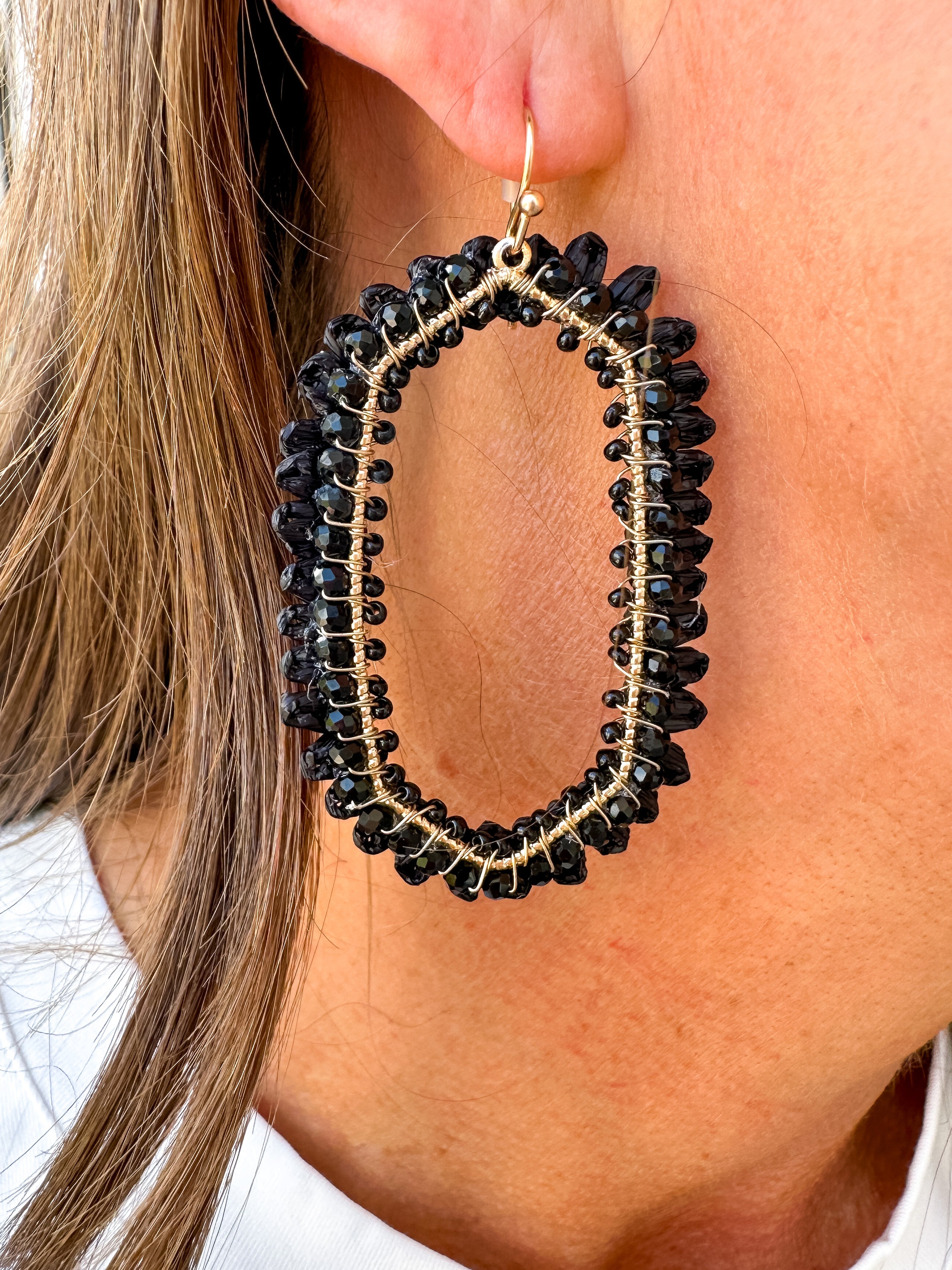 Beads Glass Hexagon Earrings in Black