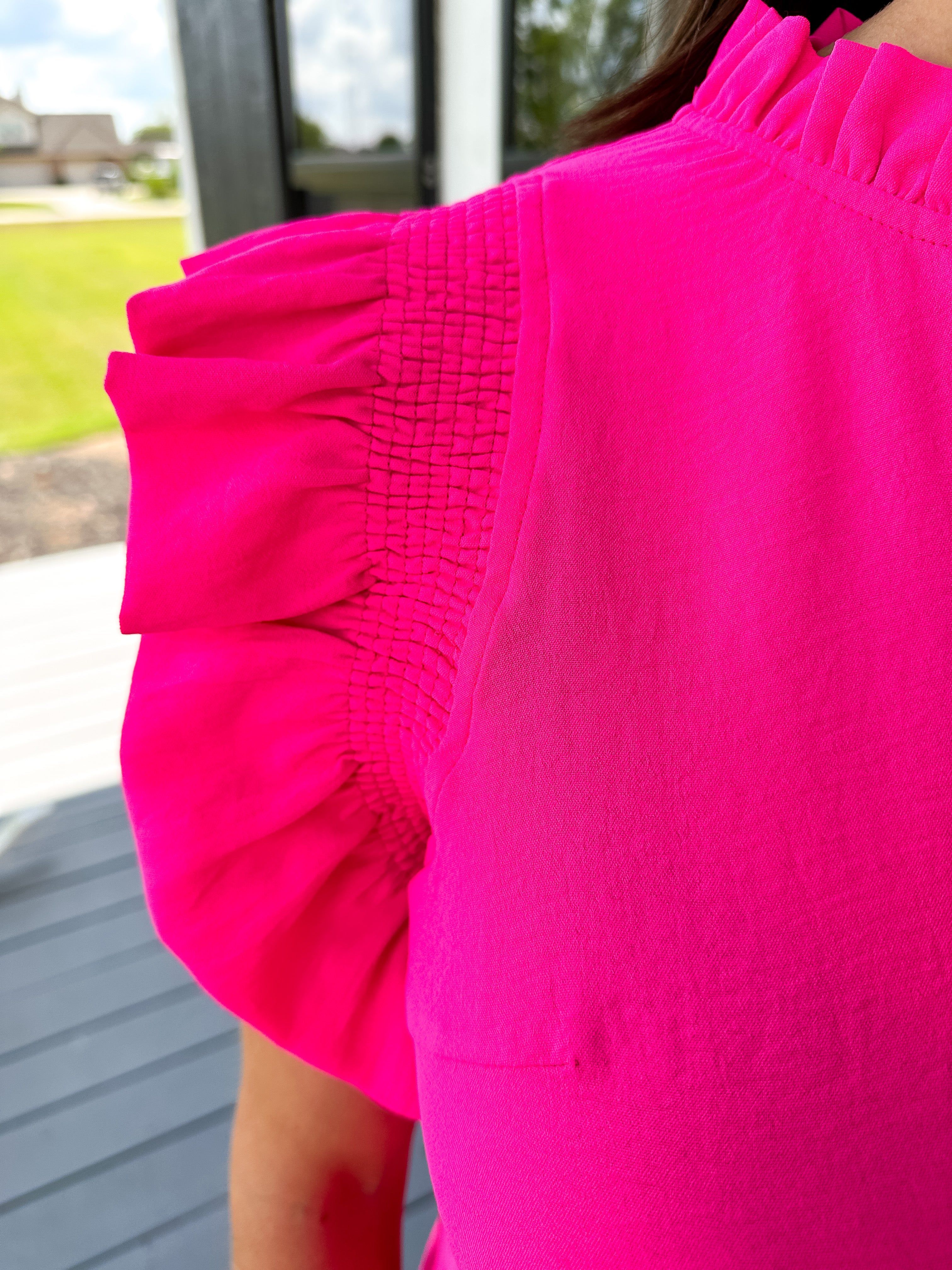 Hot Pink Solid Ruffle Cap Sleeve Dress