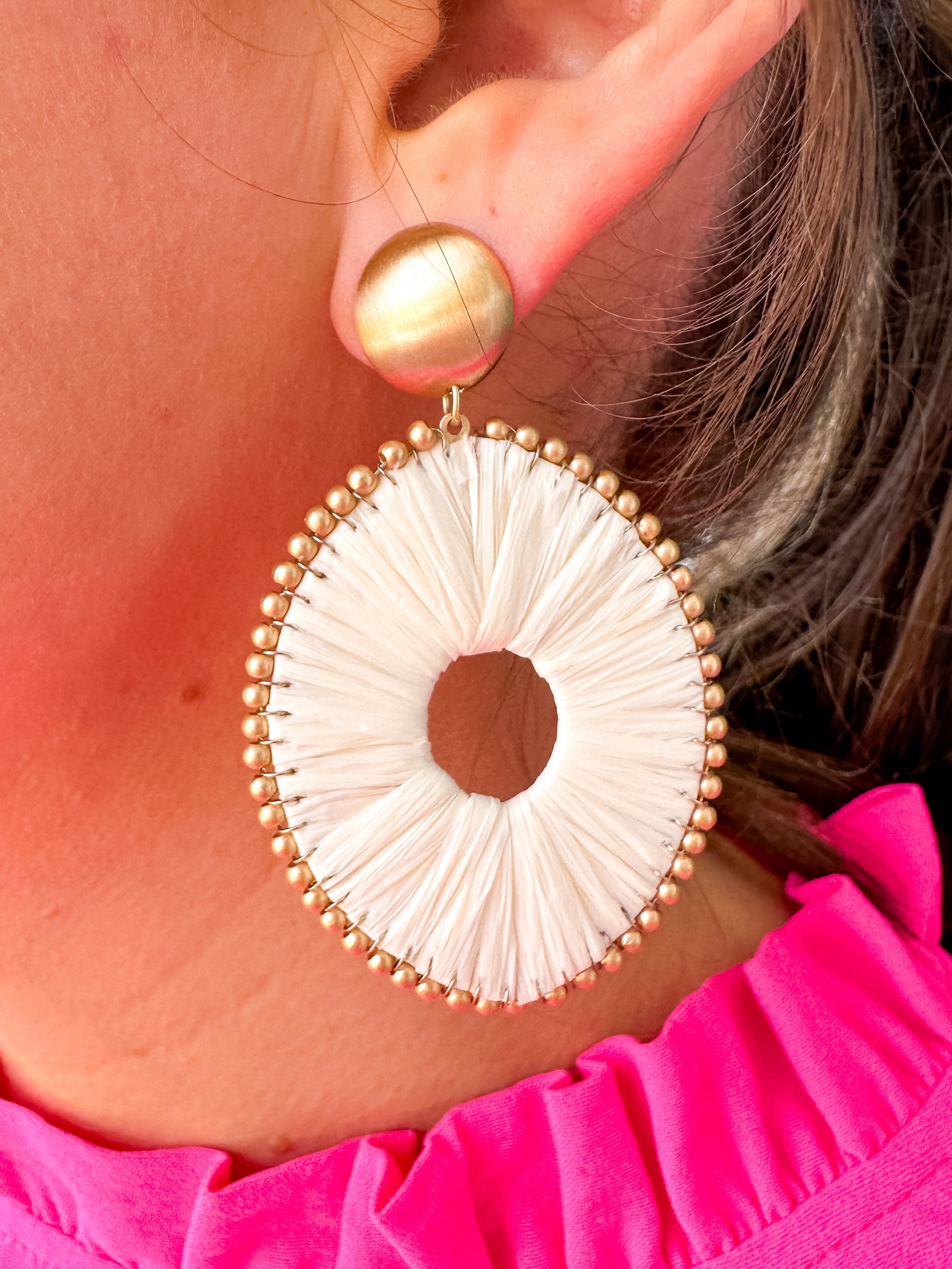 Raffia Oval Dangle Earrings Cream