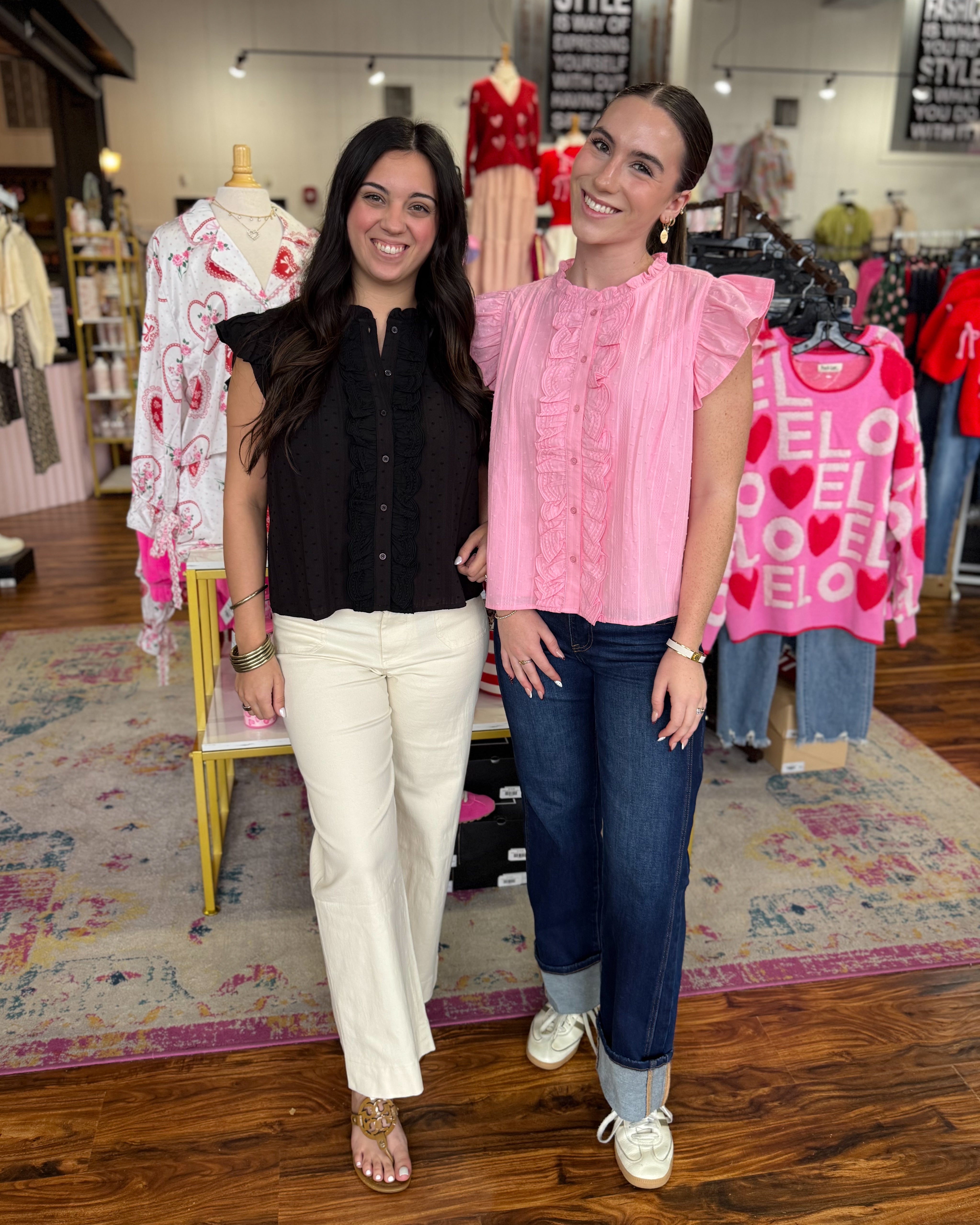 Ruffle Trim Button Down Top in Pink Blossom