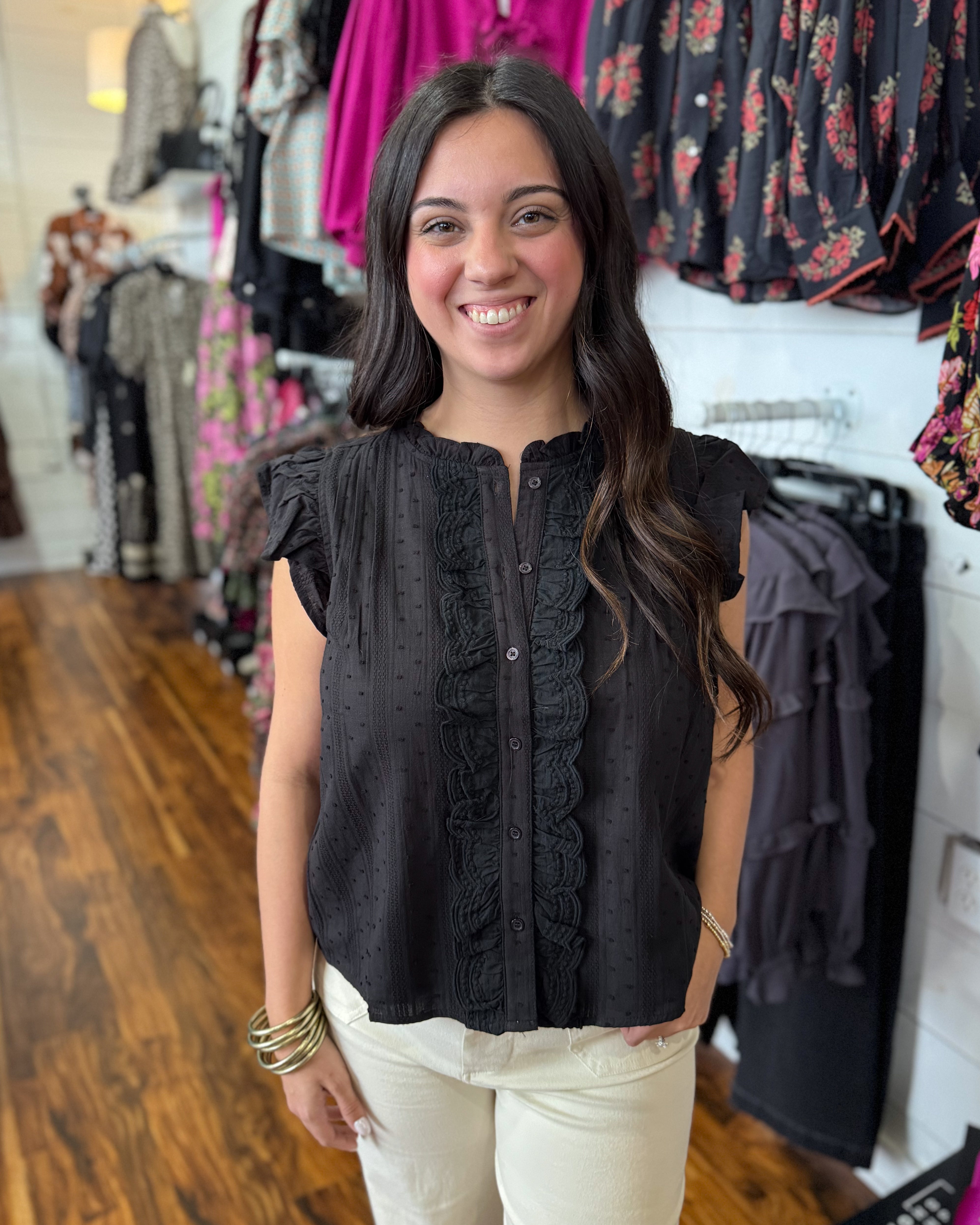 Ruffle Trim Button Down Top in Black