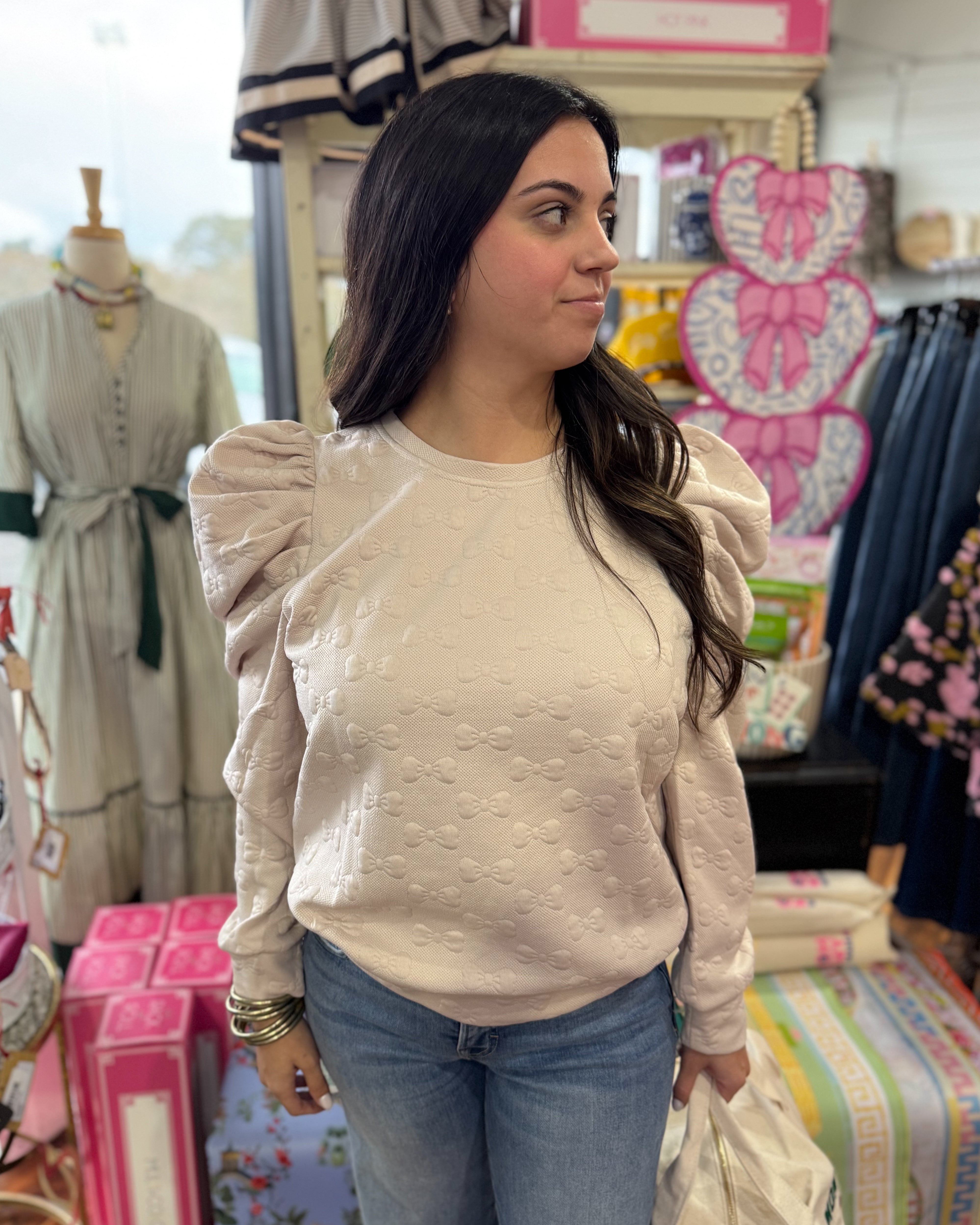 Jacquard Round Neck Top in Taupe