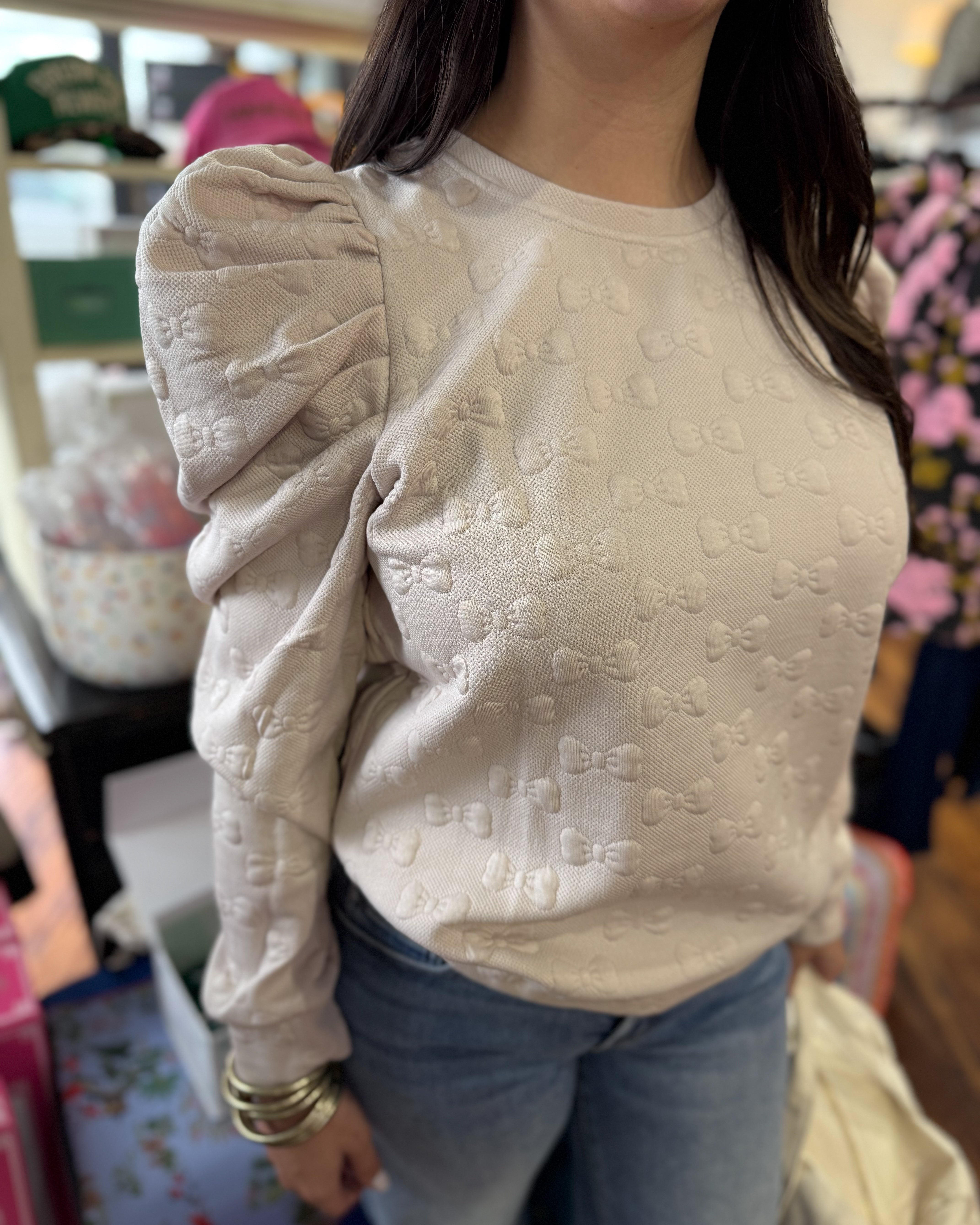 Jacquard Round Neck Top in Taupe