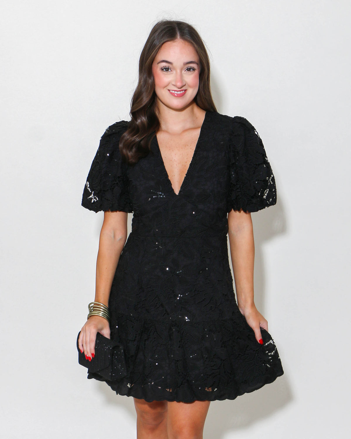knee length dresses for ladies Sequin Lace Mini Dress — Gaudie and Company