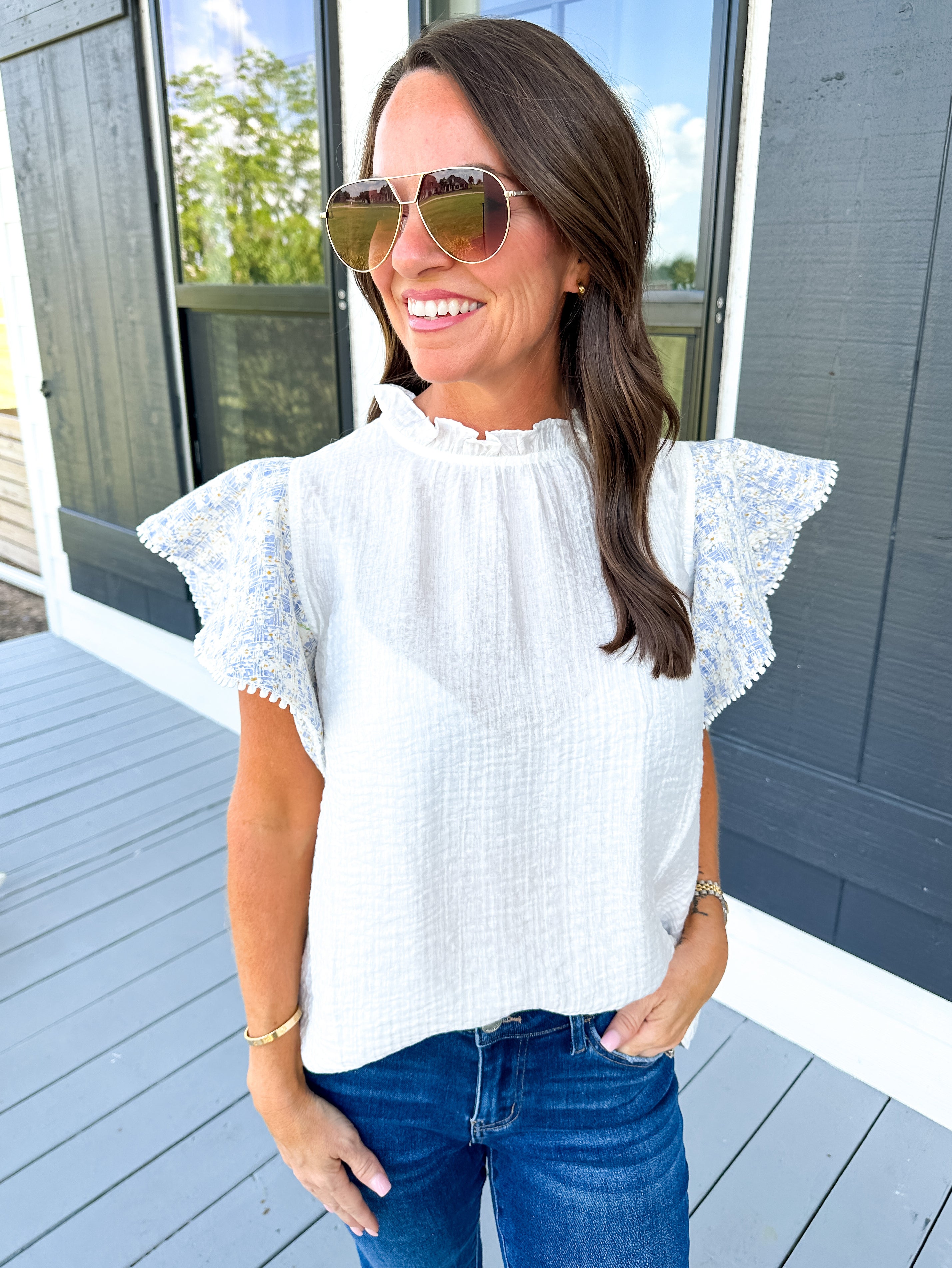 Mixed Media Flutter Sleeve Top in White
