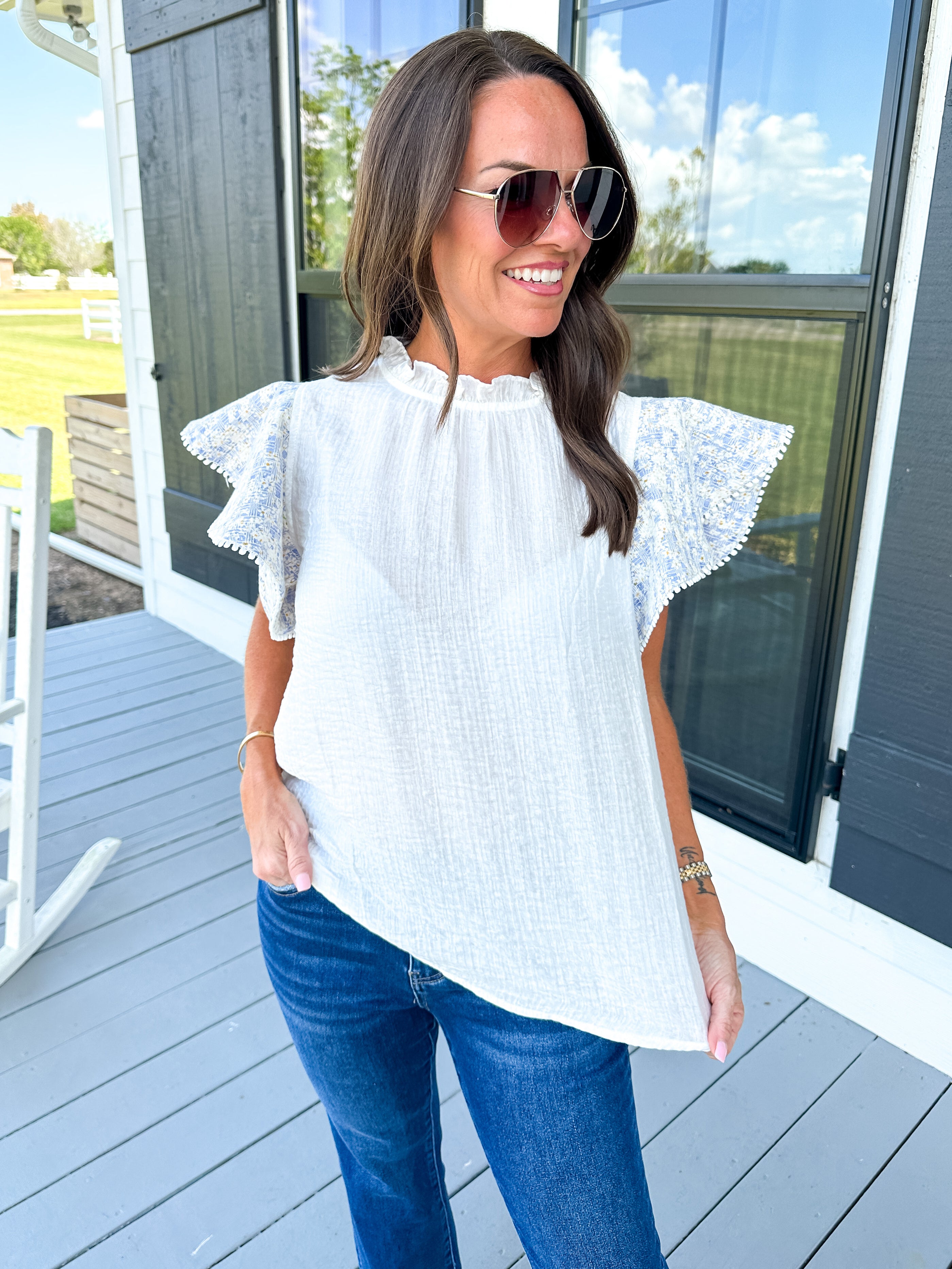 Mixed Media Flutter Sleeve Top in White