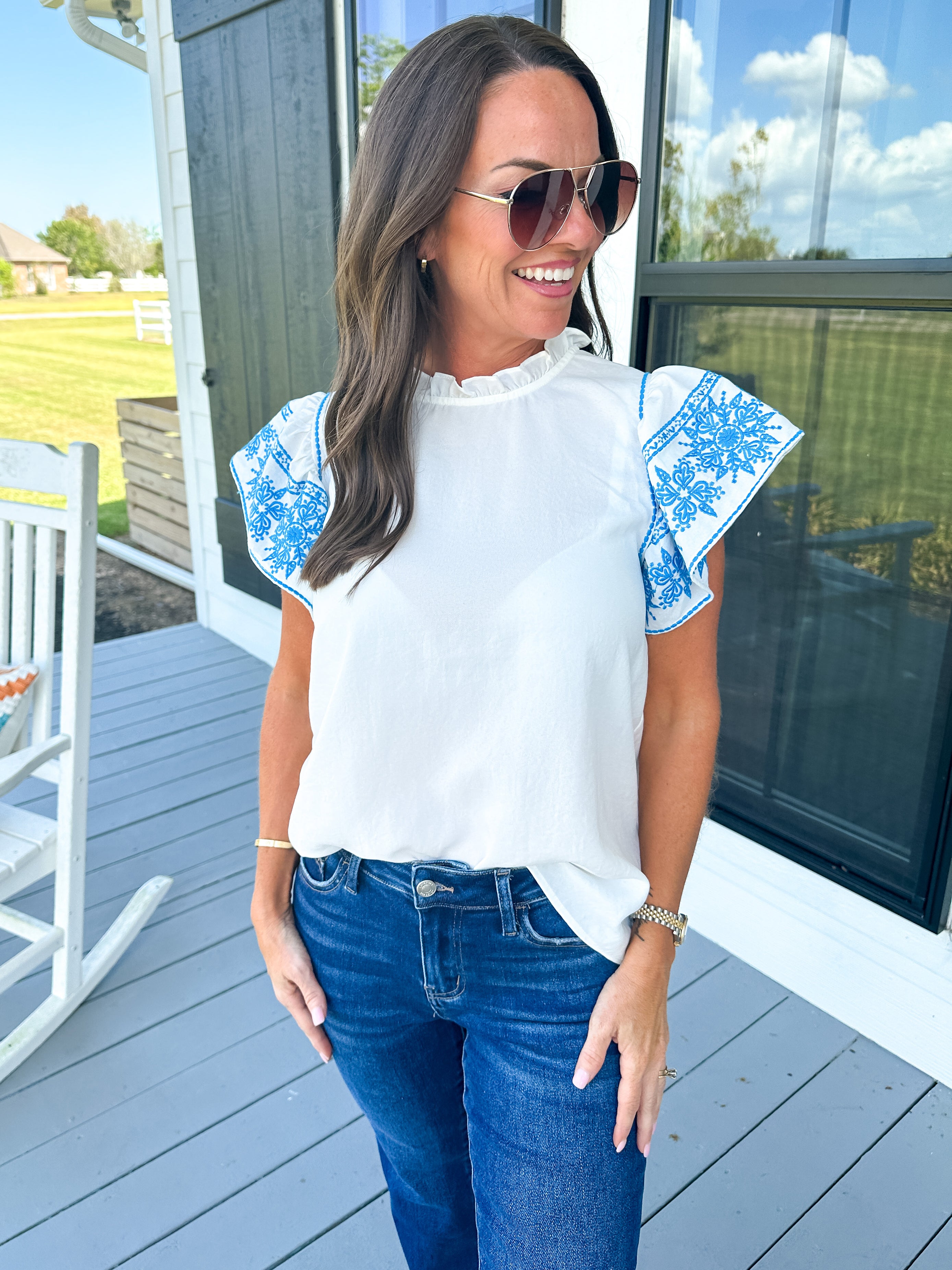 Embroidered Sleeve Top in White