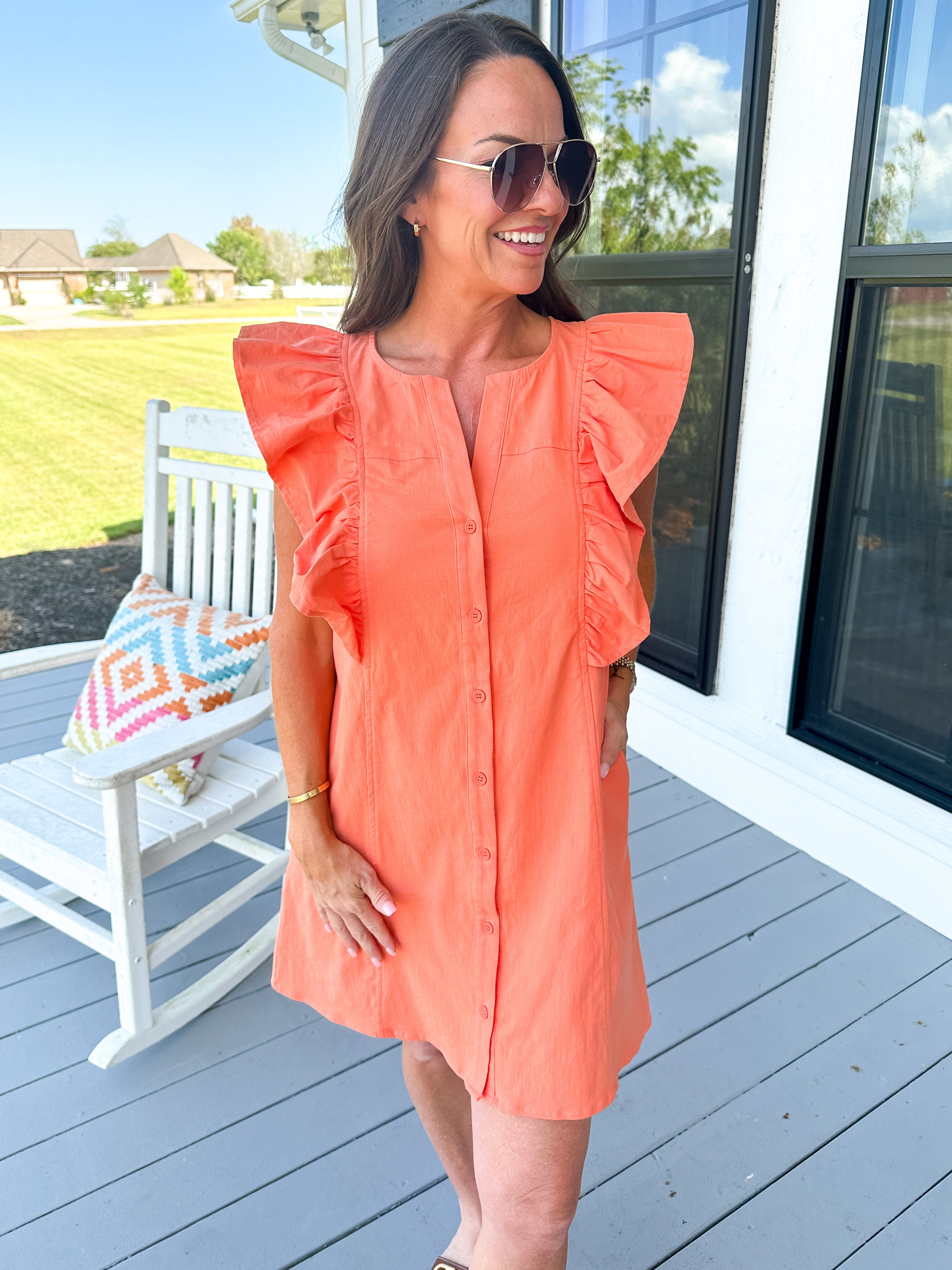 Orange Ruffle Sleeve Mini Dress