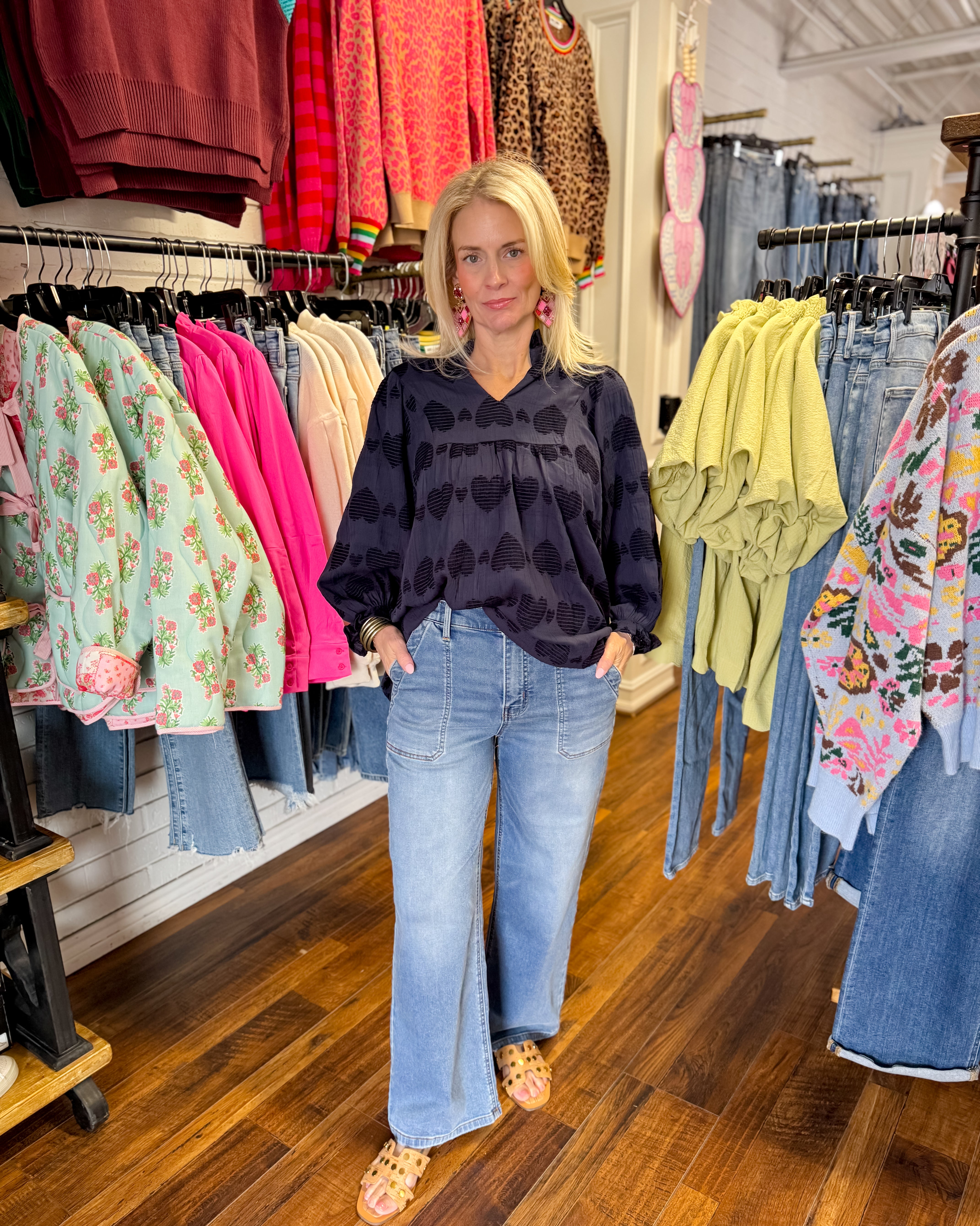 Heart Jacquard V-Neck Top