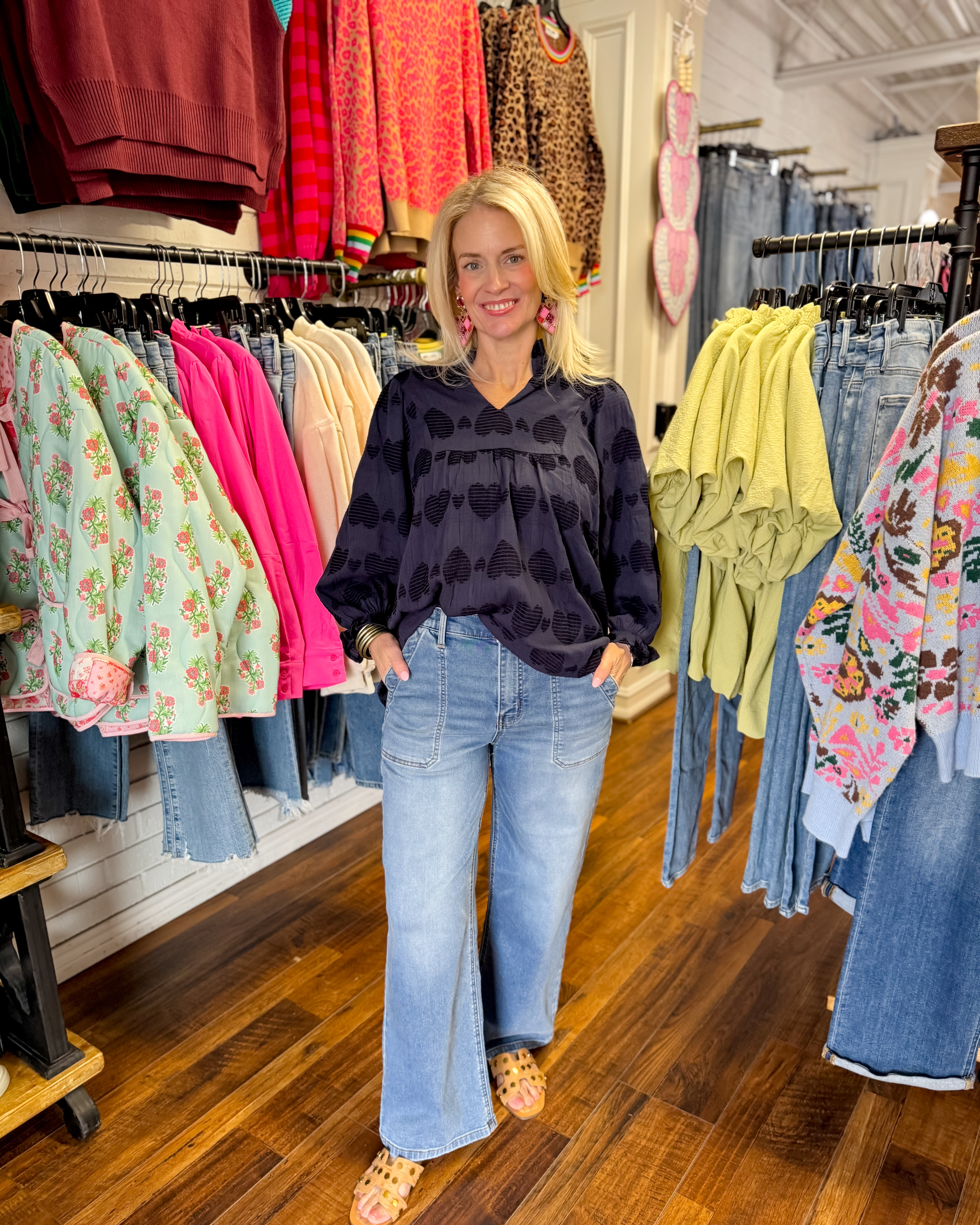 Heart Jacquard V-Neck Top