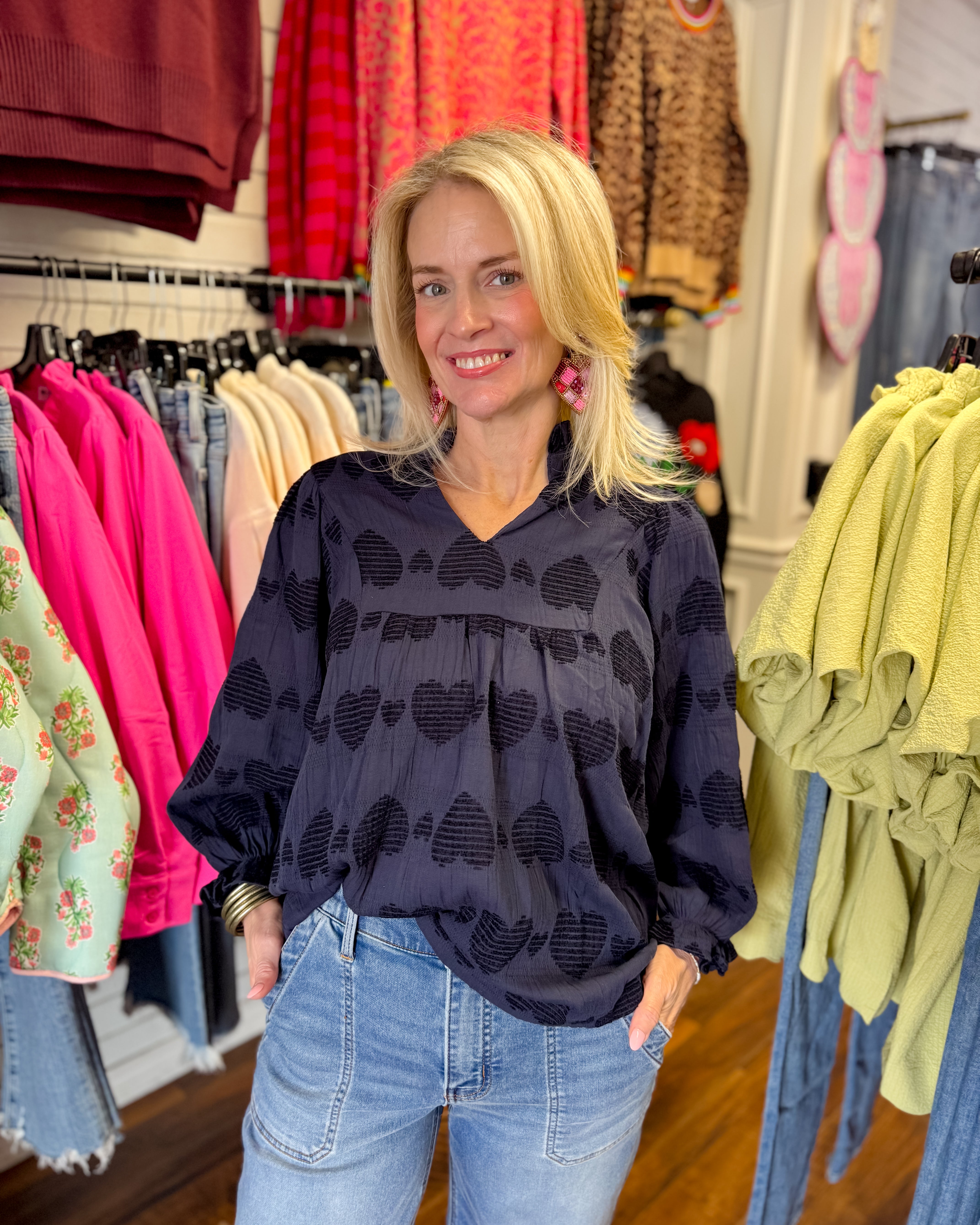 Heart Jacquard V-Neck Top