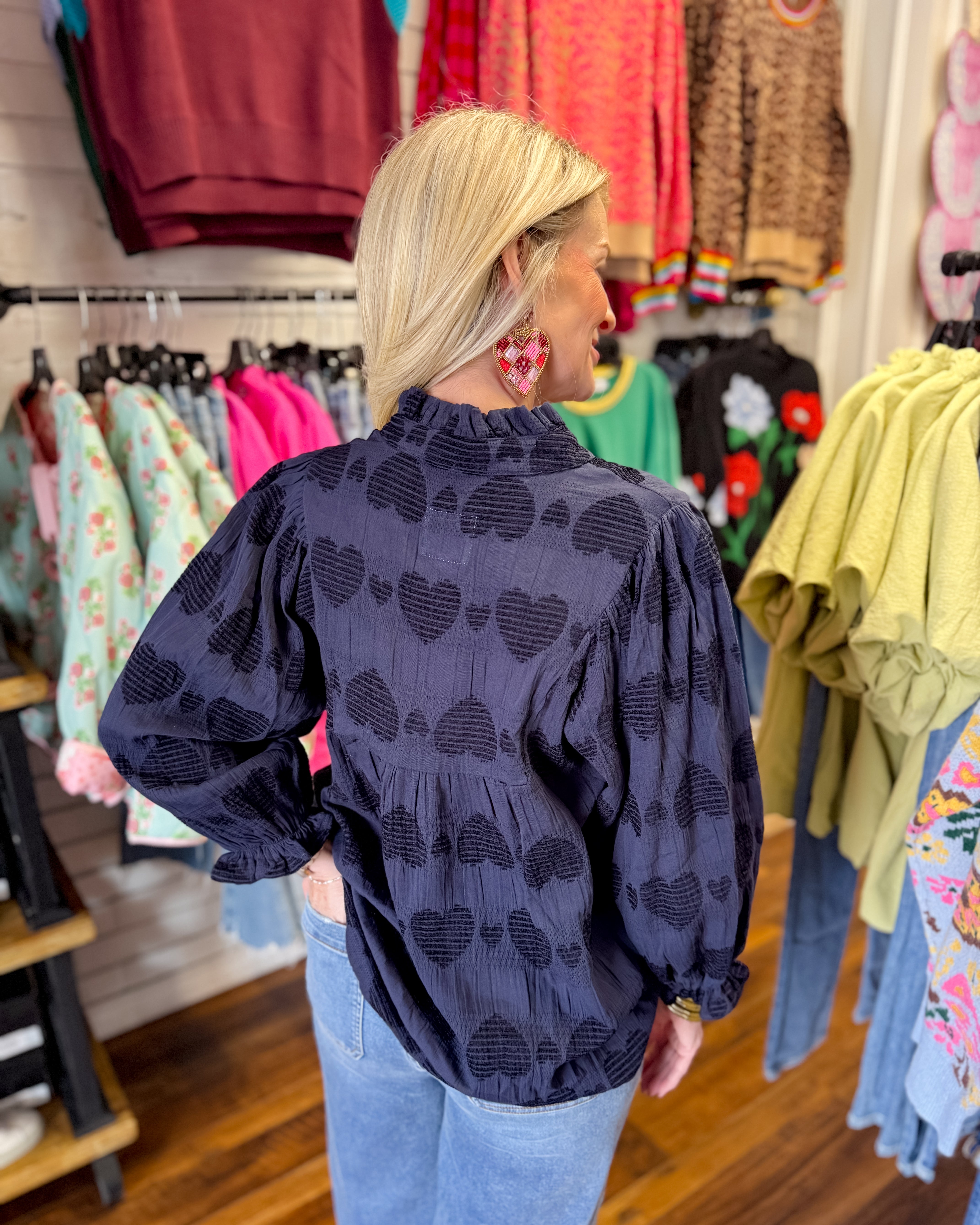 Heart Jacquard V-Neck Top