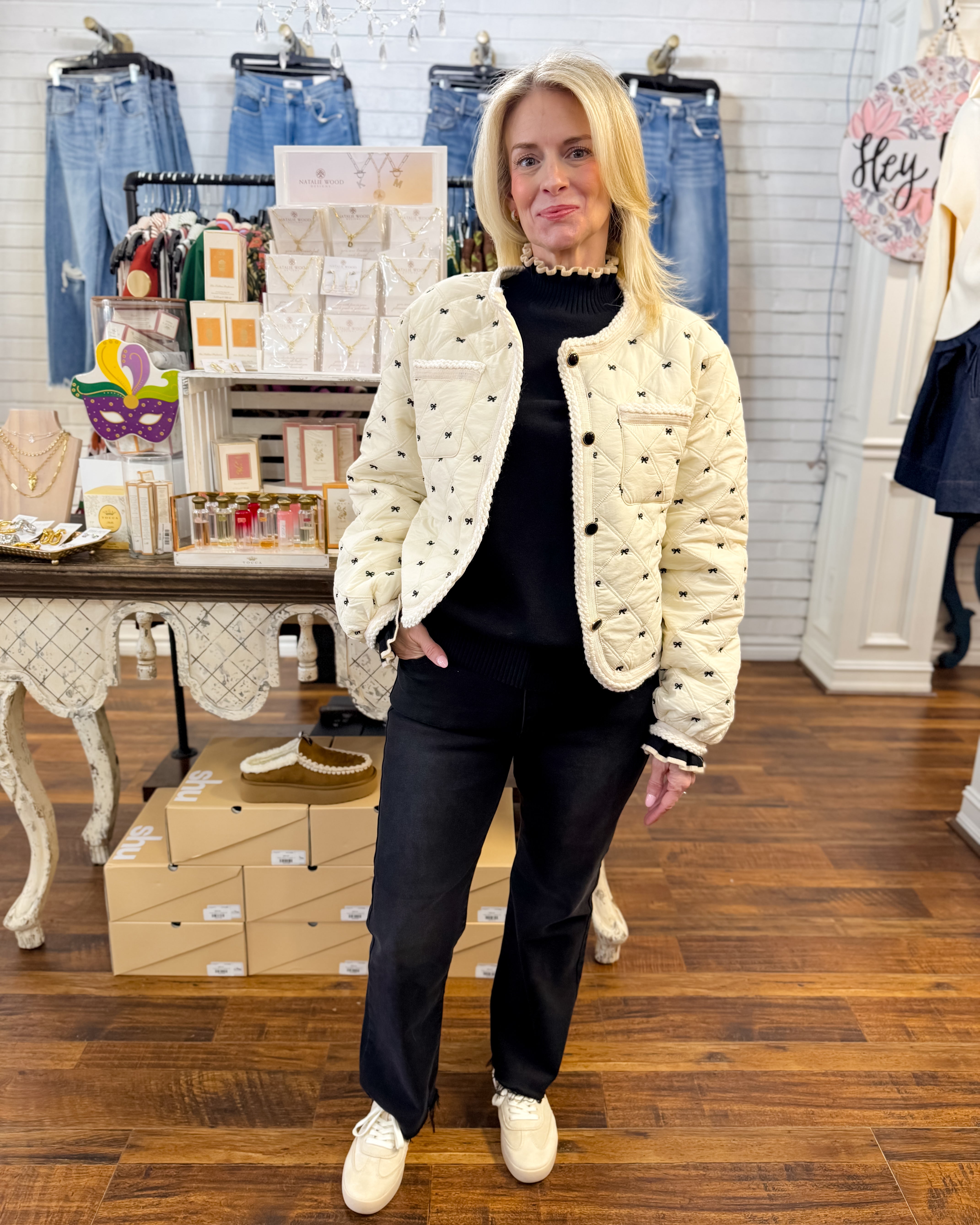 Bow Embroidered Quilted Puff Jacket