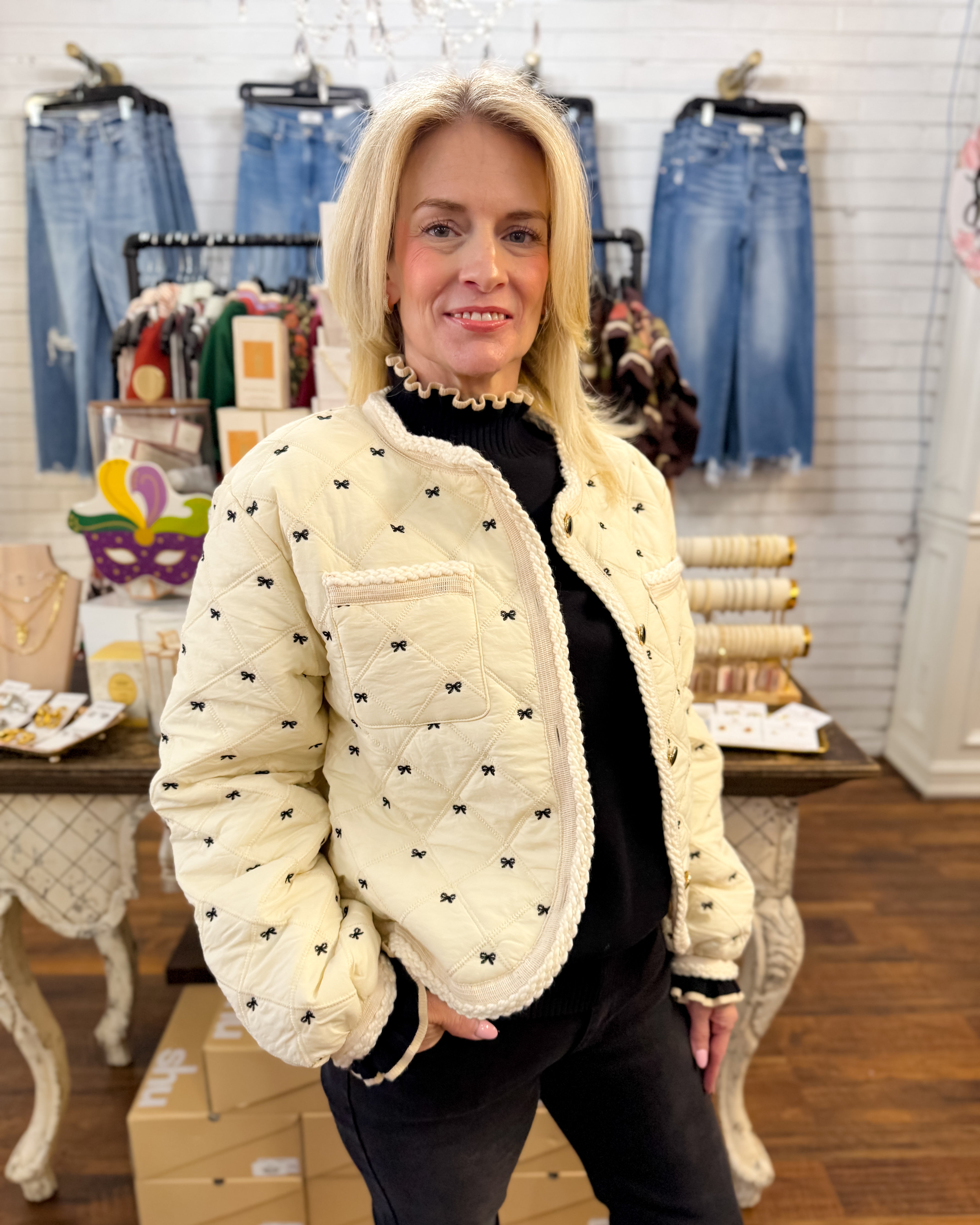 Bow Embroidered Quilted Puff Jacket