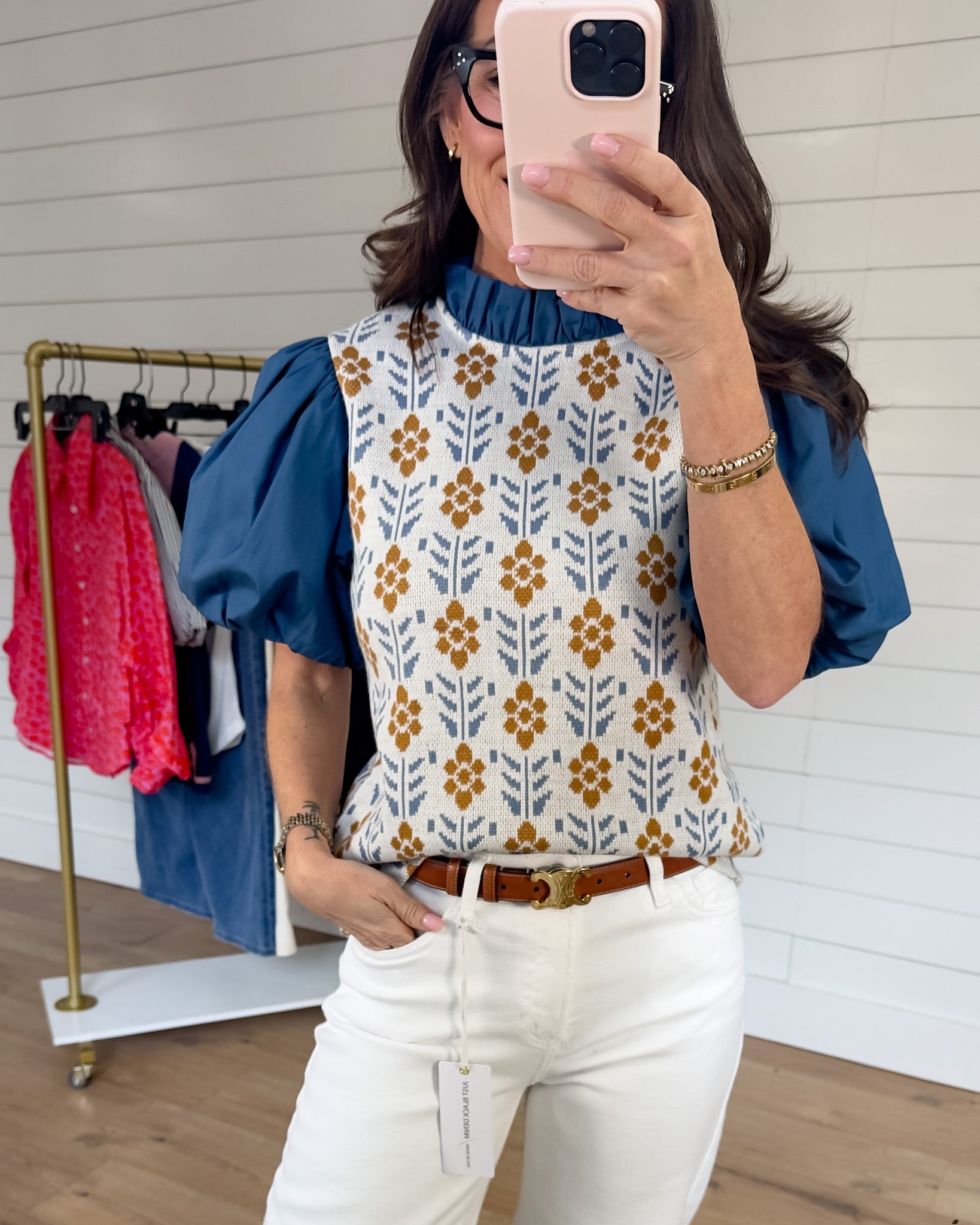 Mixed Media Puff Sleeve Floral Top