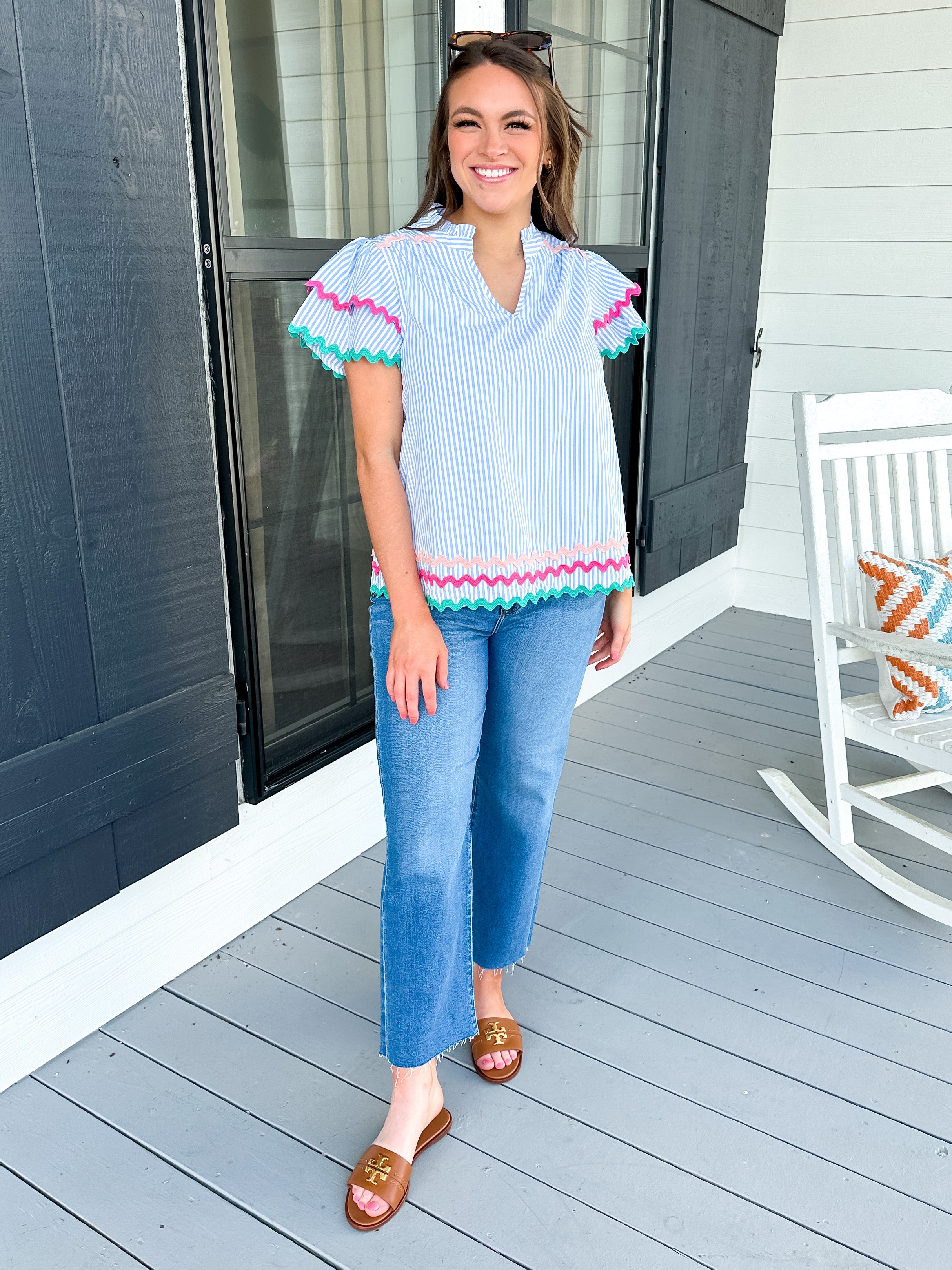 Striped Embroidered Trim Top