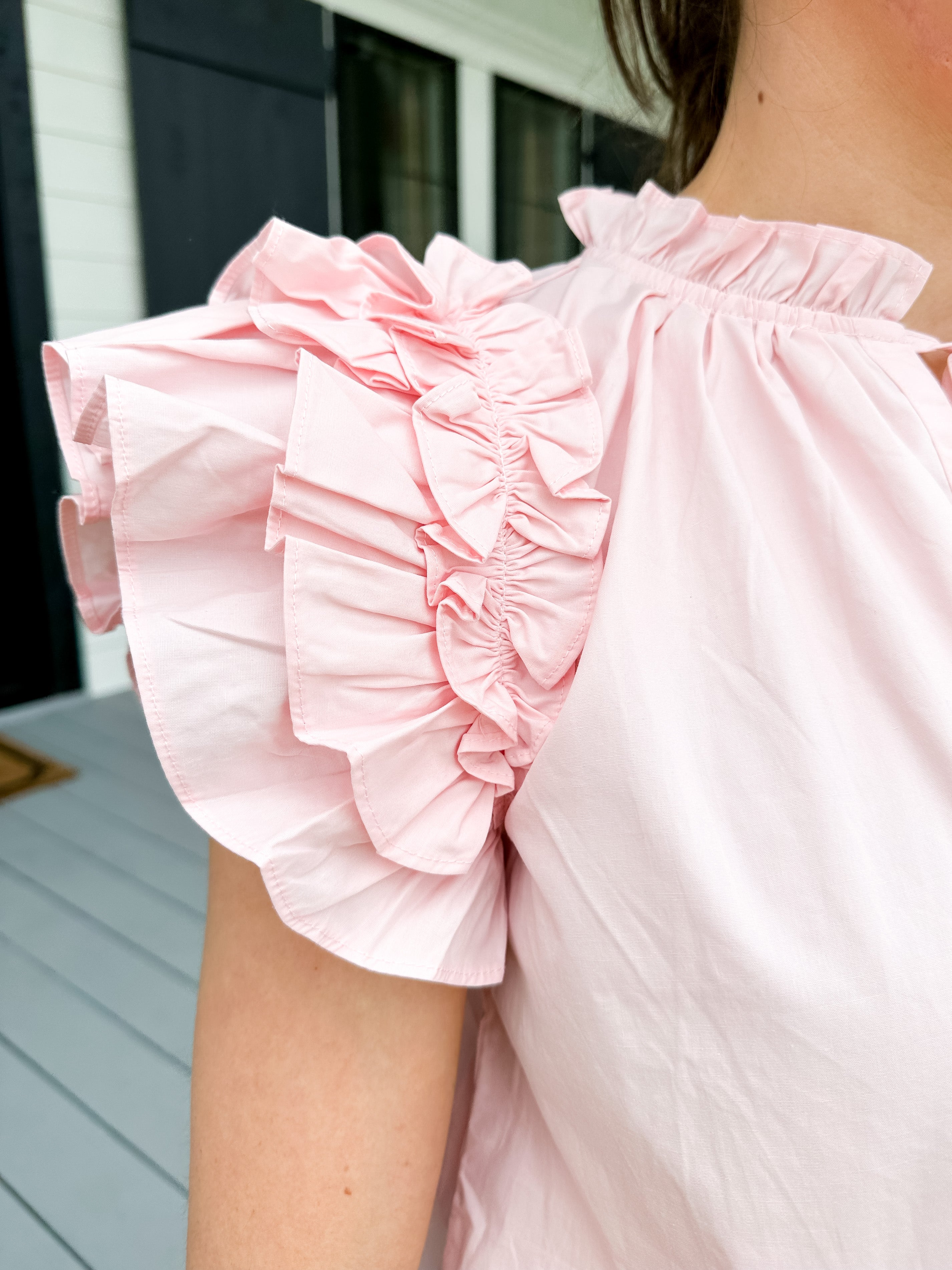 V-Neck Ruffle Sleeves Tassel Top in Baby Pink