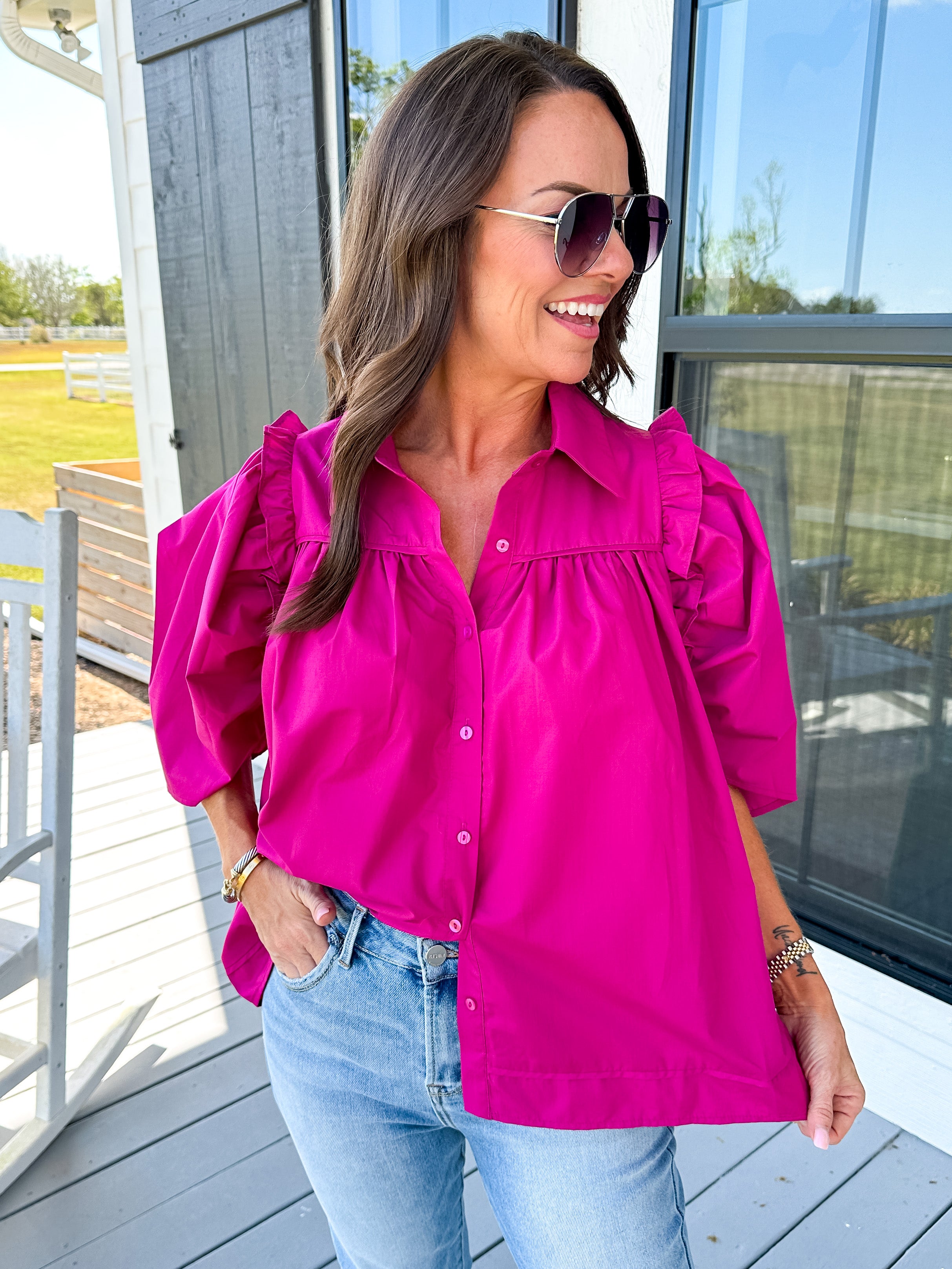 Solid Button Up Top in Orchid